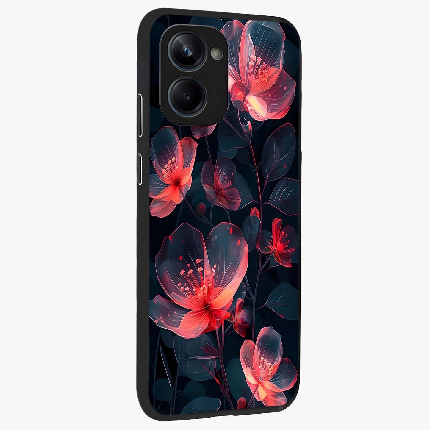 Dark Shade of Flower Glass Case upright view showcasing delicate flower artwork with rich dark floral theme.