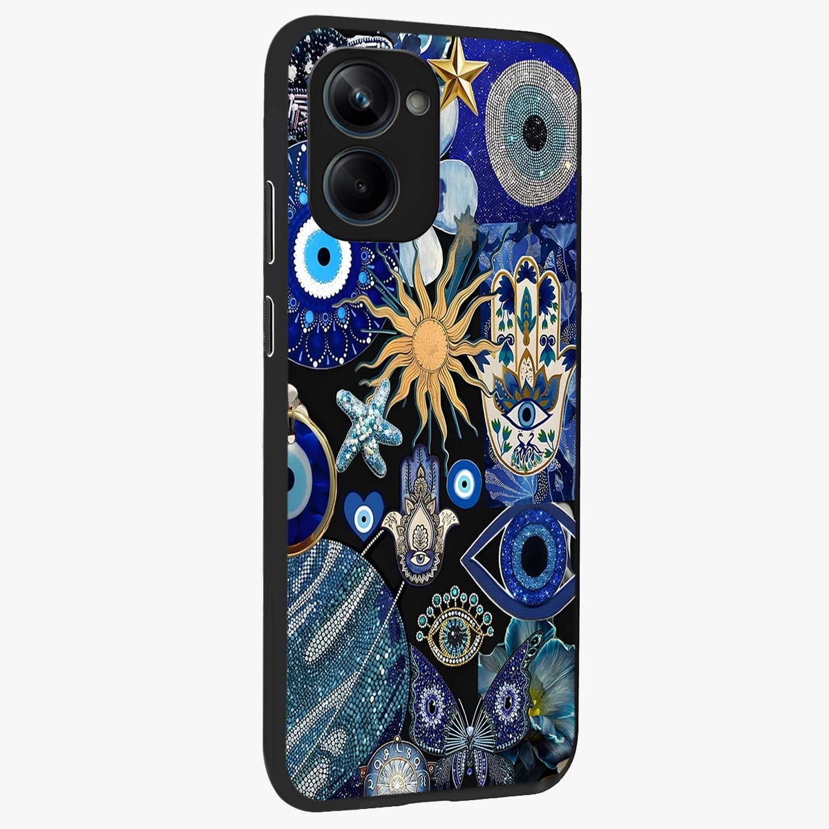 Evil Eye Charm Mix Glass Case upright view showcasing mystical evil eye pattern with vibrant decorative style.