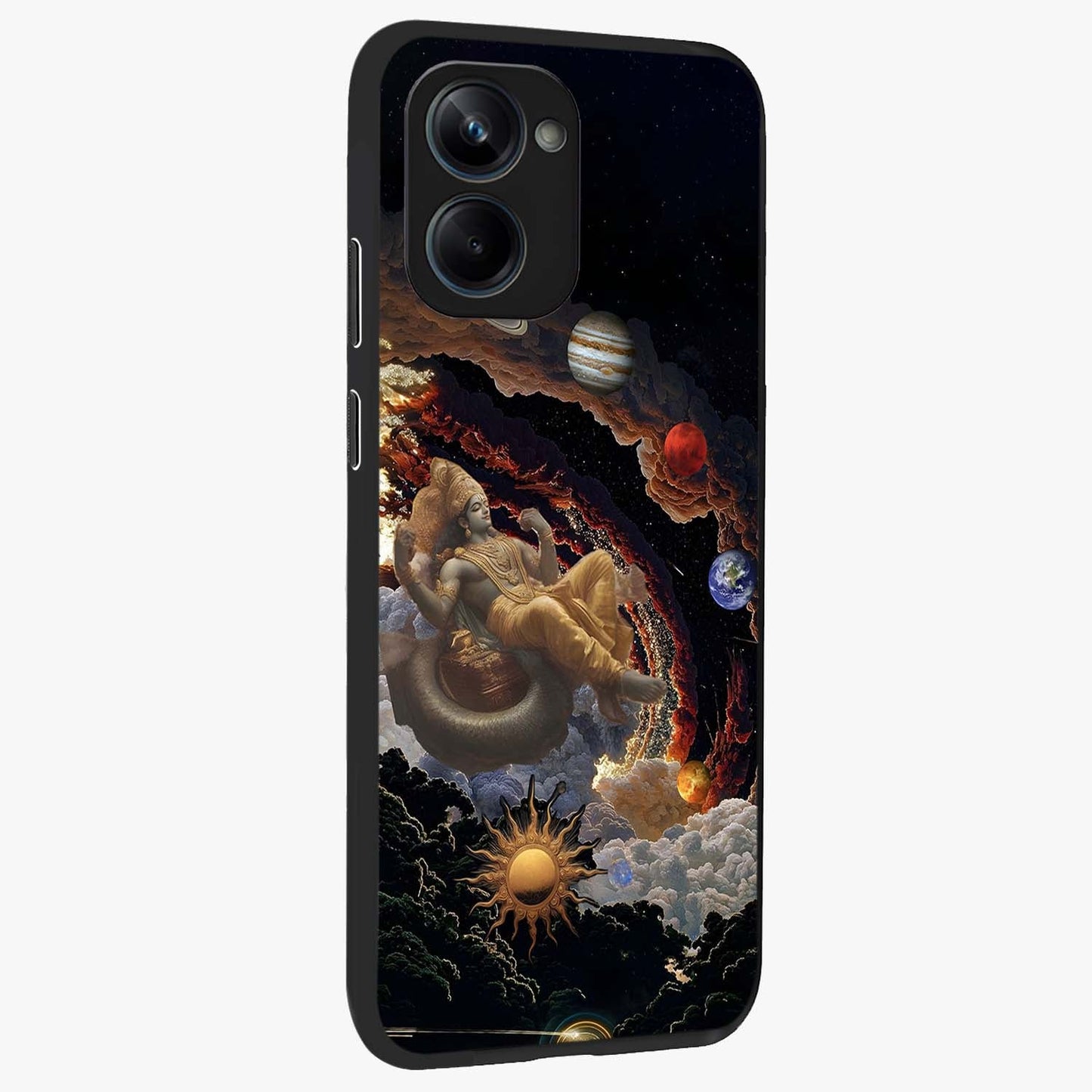 Galactic Divine God Glass Case upright view showcasing mystical divine artwork with dramatic cosmic theme.