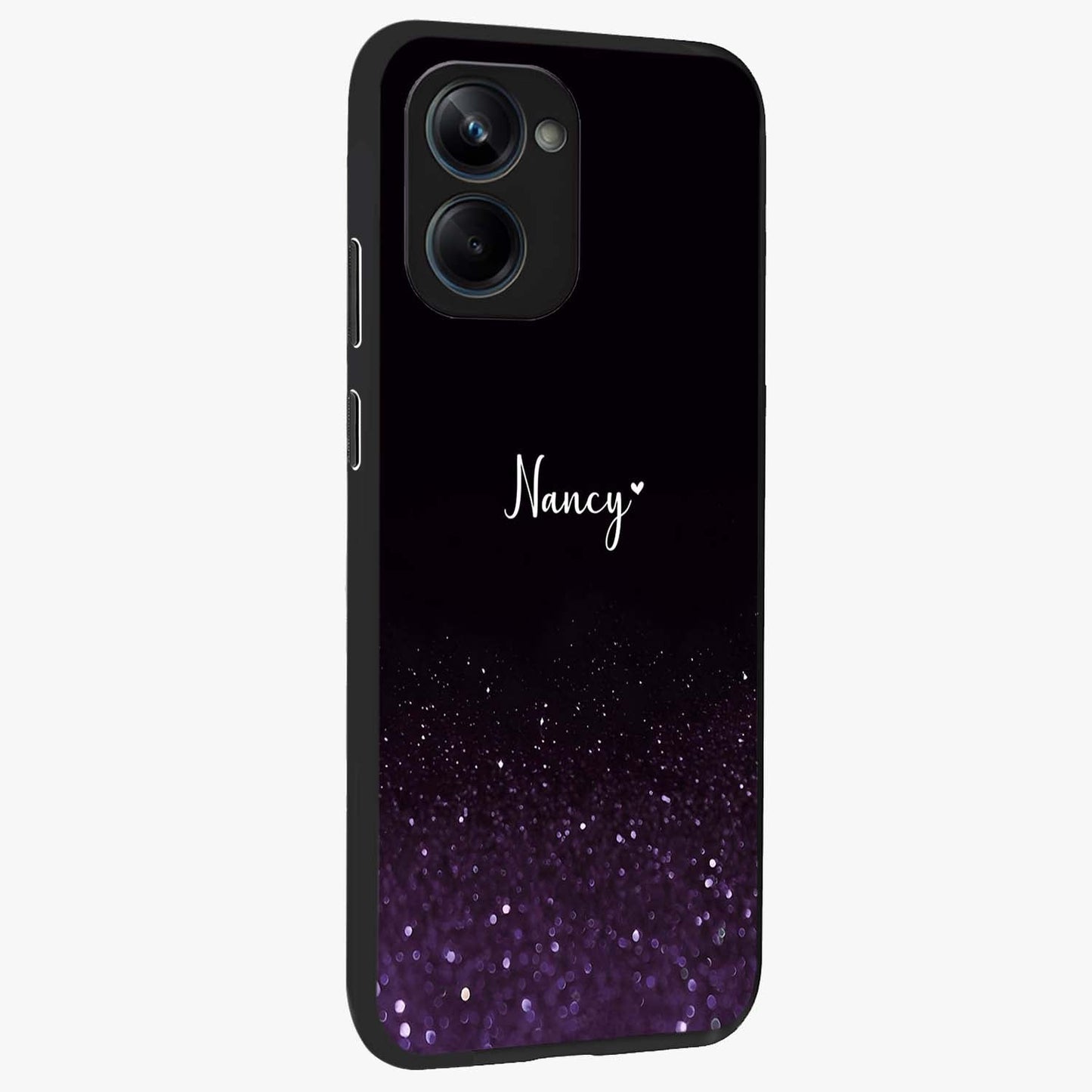 Glittery Purple Bokeh Custom Name Glass Case upright view showcasing vibrant purple sparkle artwork with personalized aesthetic style.