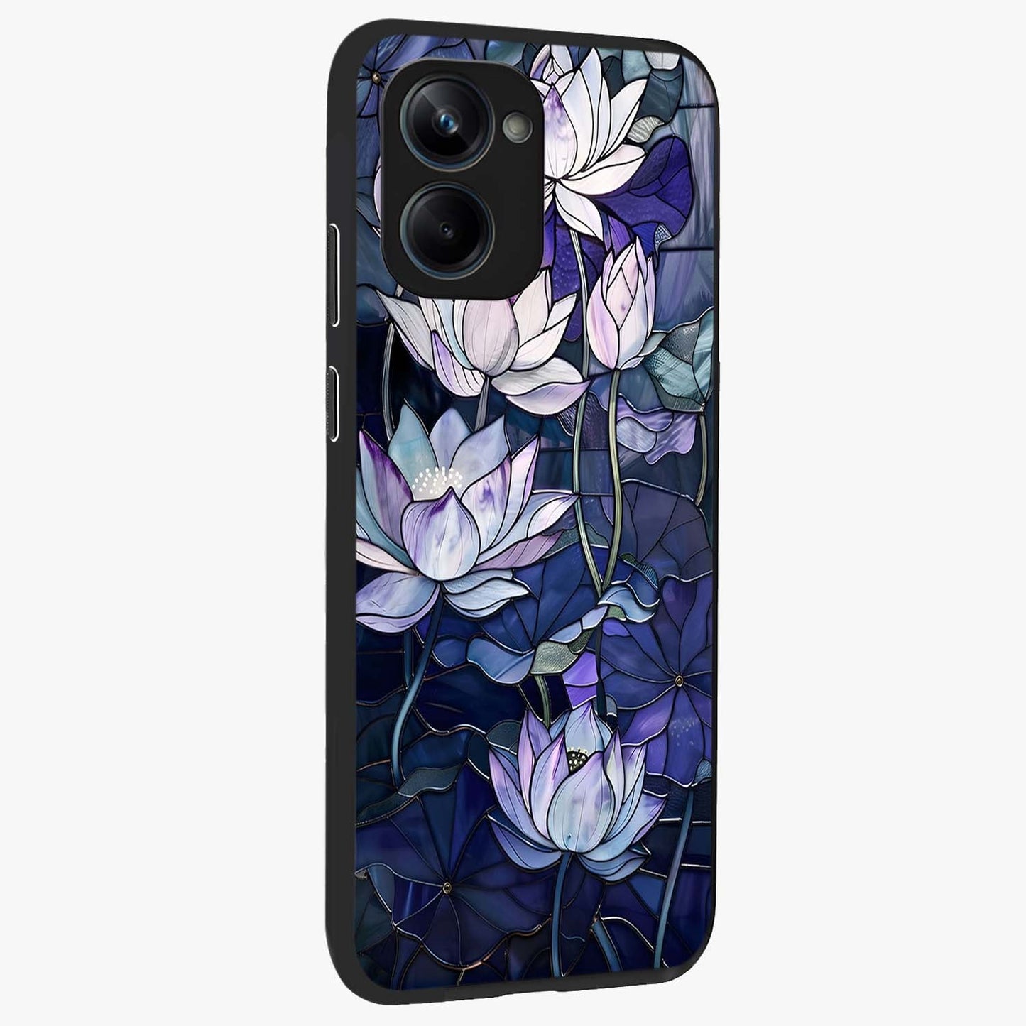 Gloss Petal Rush Glass Case upright view showcasing dynamic floral petal artwork with modern botanical theme.