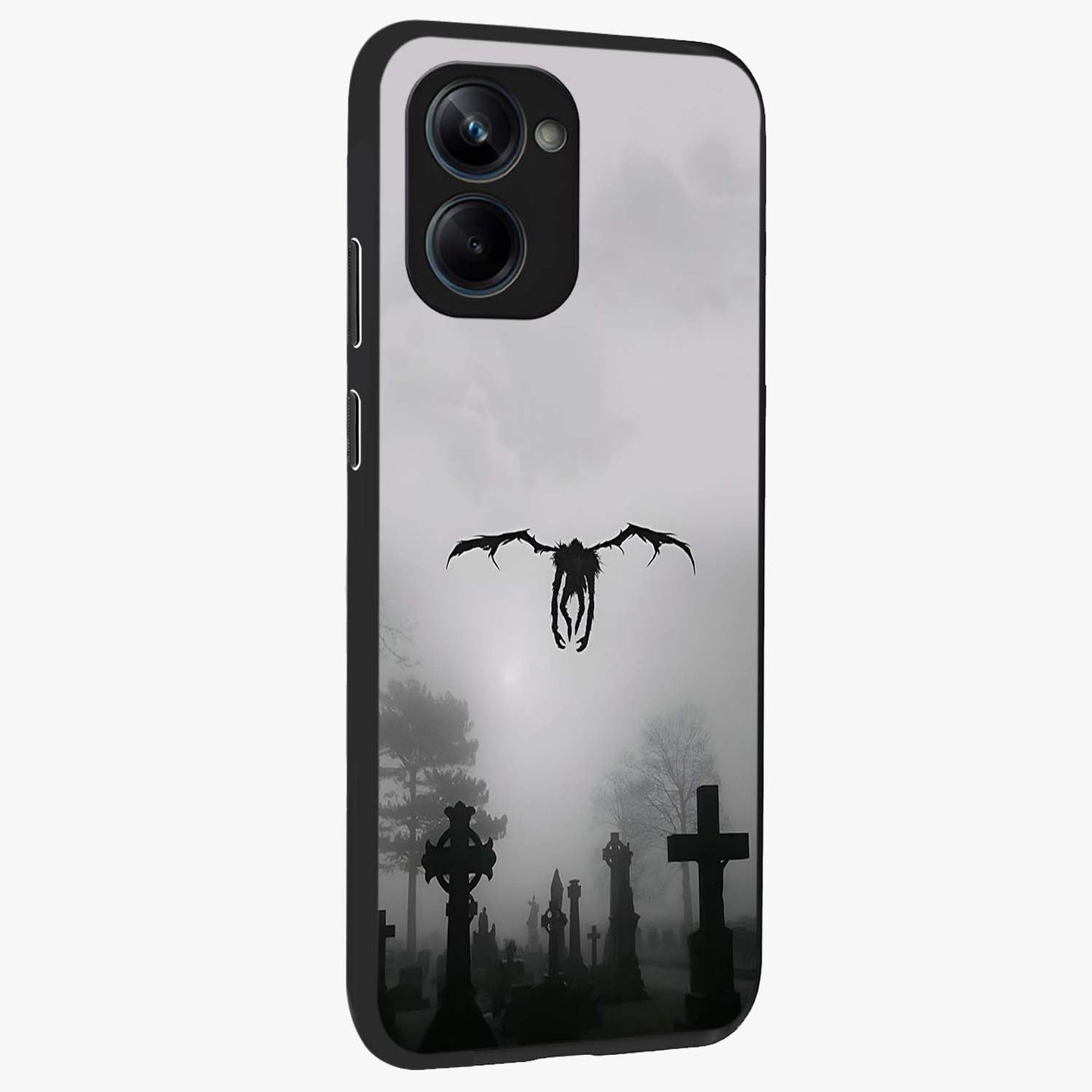 Graveyard Shadow Descent Glass Case upright view showcasing haunting graveyard artwork with dramatic dark theme.