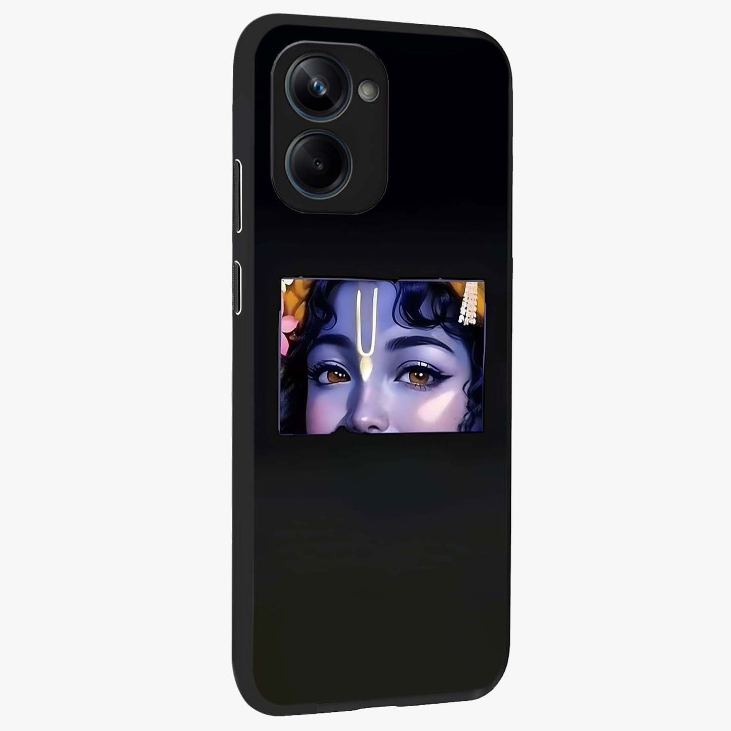 Krishna Divine Embrace Glass Case upright view showcasing sacred Krishna artwork with peaceful devotional theme.