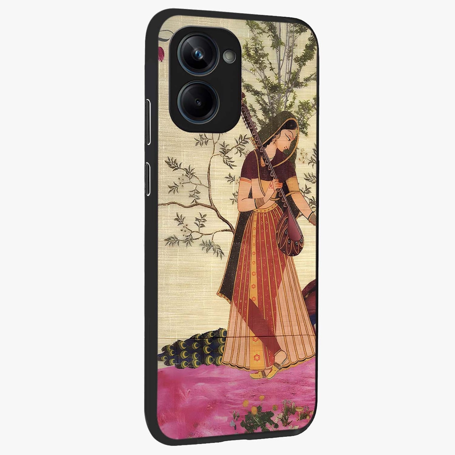 Lady With Veena Art Glass Case upright view showcasing classical veena artwork with traditional artistic theme.