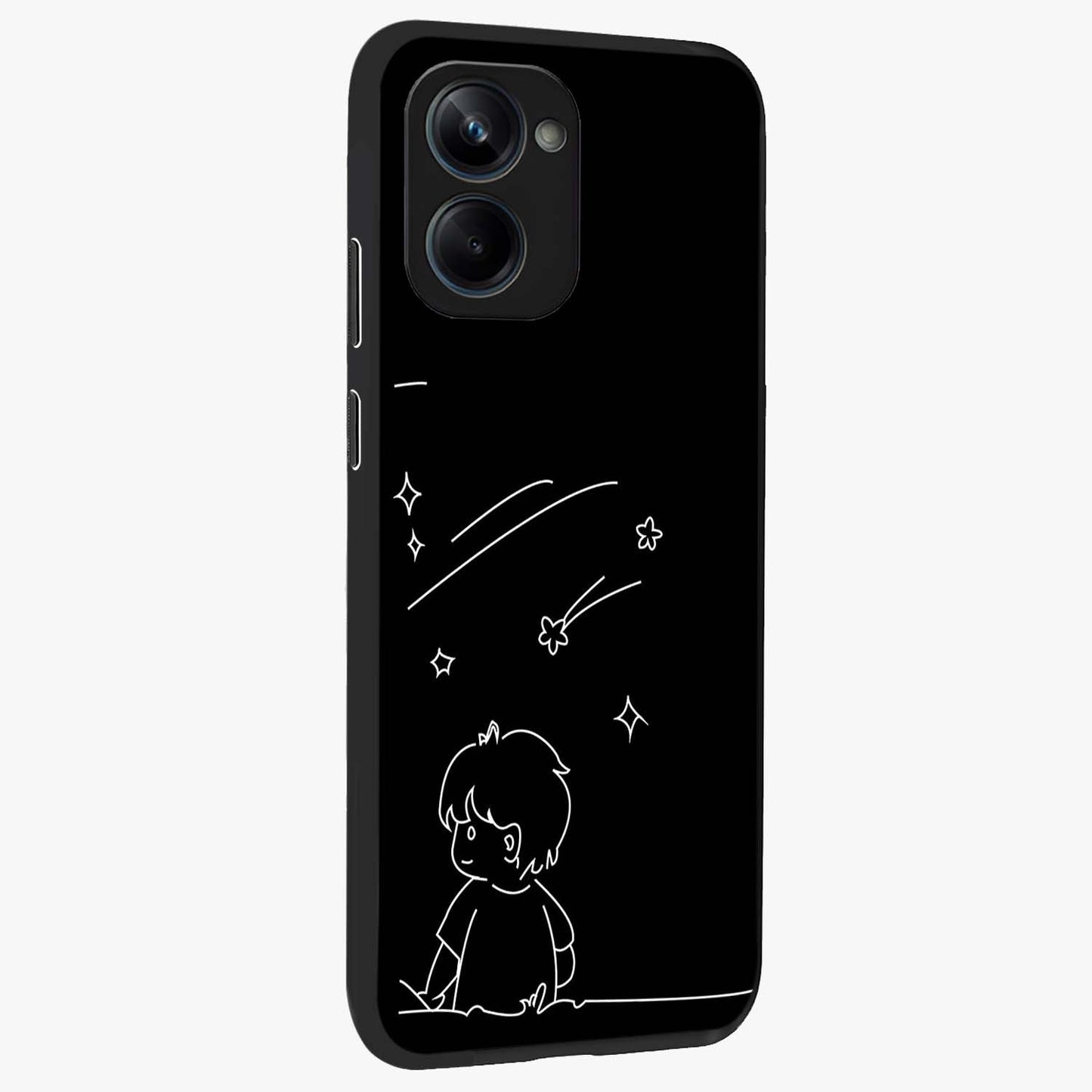 Line Art Boy With Shooting Stars Glass Case upright view showcasing artistic shooting star illustration with minimal style.