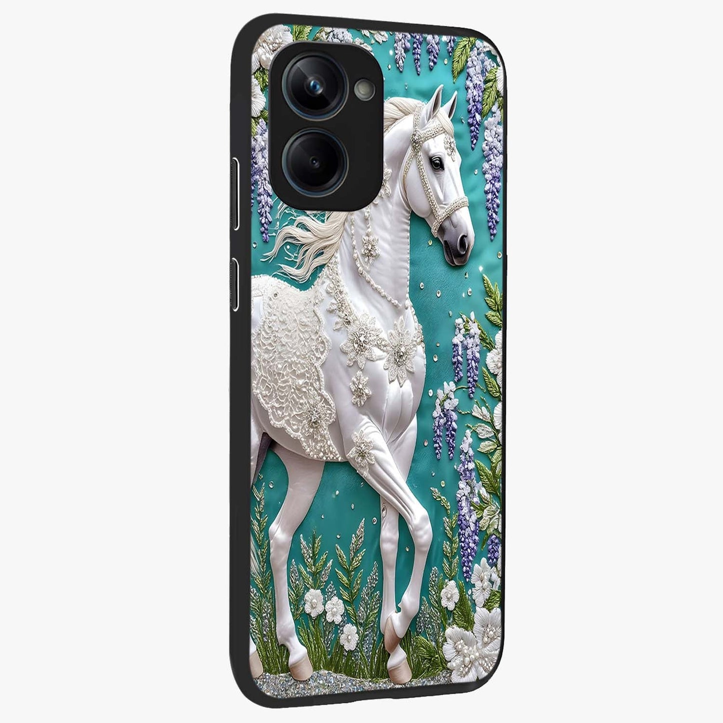 Majestic Floral Stallion Glass Case upright view showcasing dramatic horse artwork with decorative floral theme.