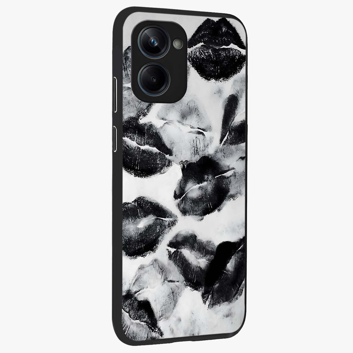 Midnight Kiss Marks Glass Case upright view showcasing stylish kiss mark artwork with trendy romantic theme.