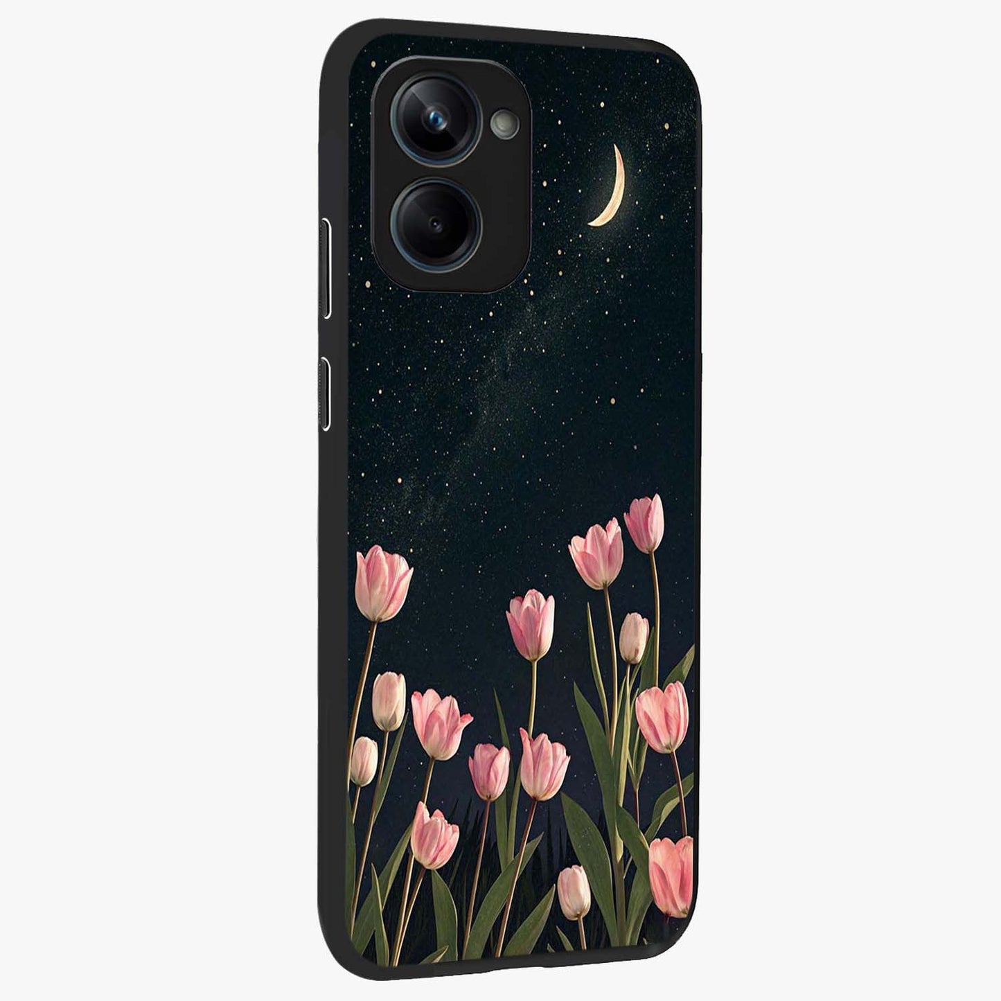 Midnight Tulip Whispers Vibe Glass Case upright view showcasing graceful tulip artwork with calm botanical theme.