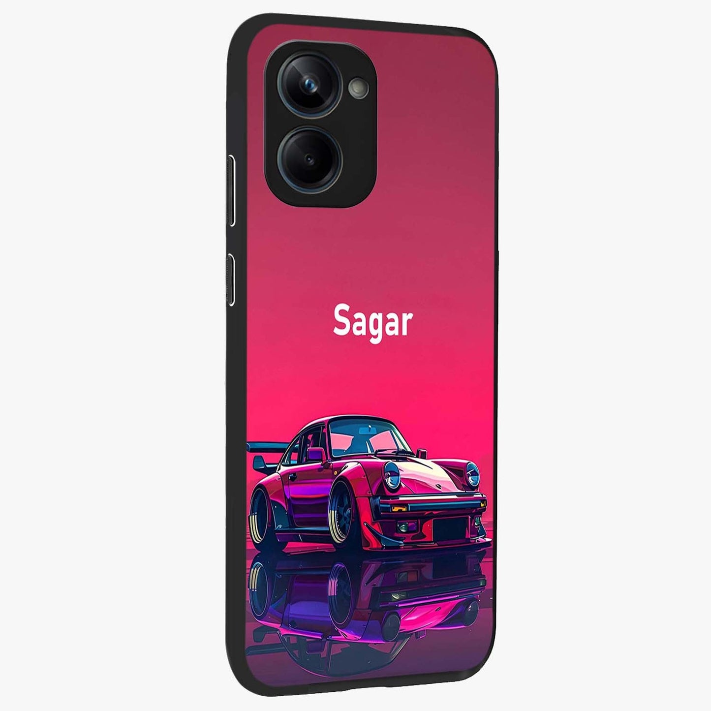 Neon Pink Porsche Glass Case upright view showcasing vibrant sports car artwork with bold automotive theme.