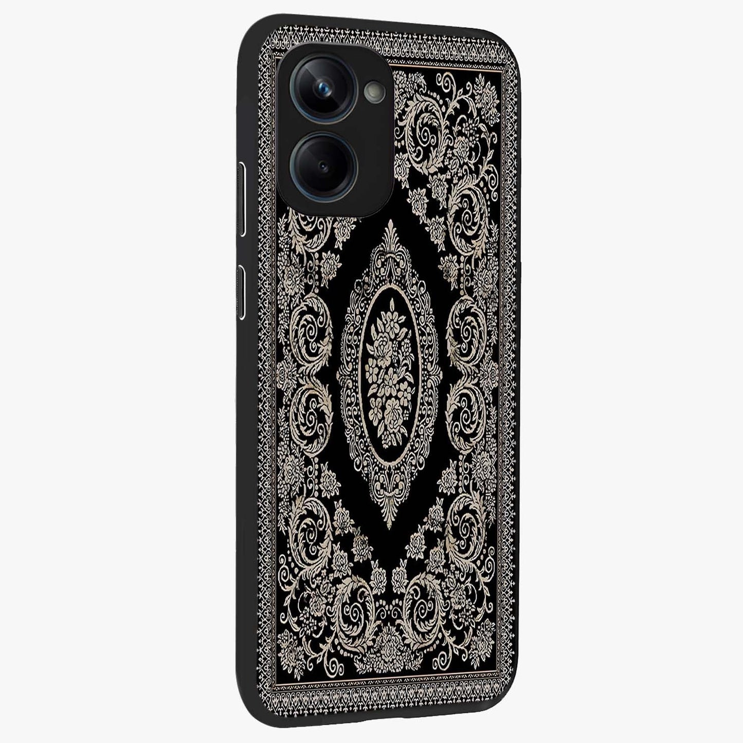 Noir Bloom Elegance Glass Case upright view showcasing graceful floral artwork with luxurious dark theme.