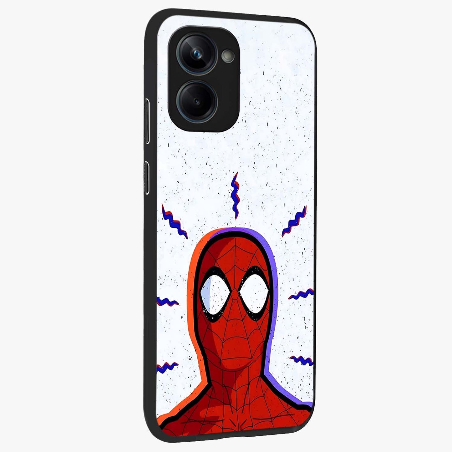 Omg Spiderman Glass Case upright view showcasing energetic superhero artwork with vibrant comic theme.
