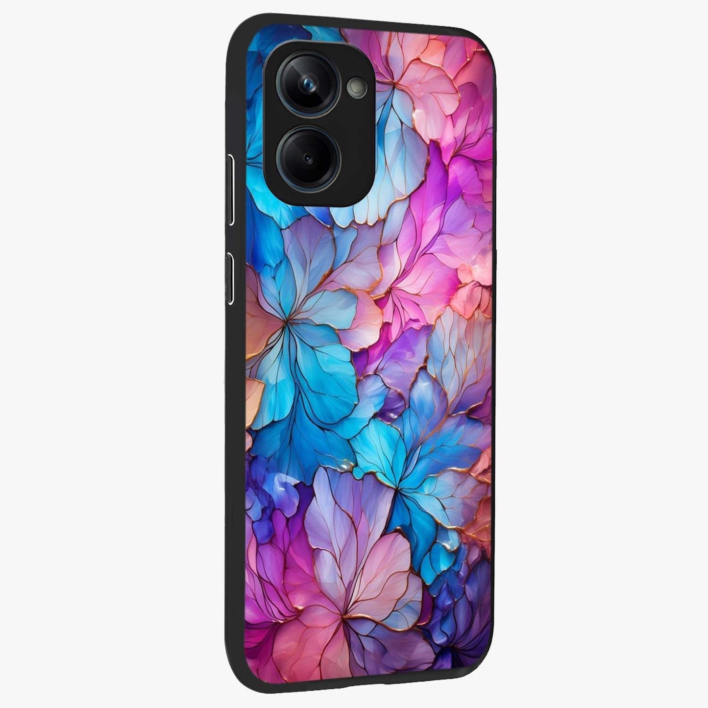 Radiant Floral Whirl Glass Case upright view showcasing lively floral artwork with decorative swirl theme.