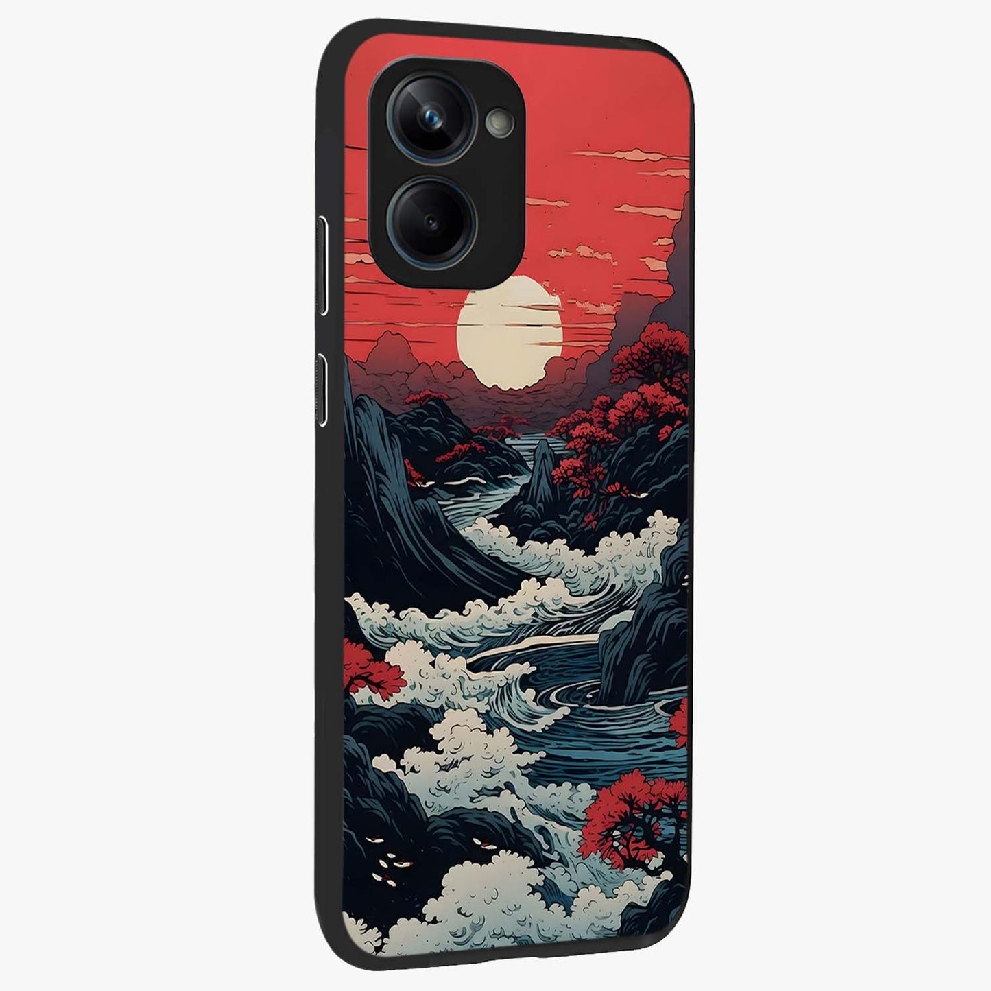 Red Sunset Scenery Glass Case upright view showcasing dramatic sunset scenery artwork with warm nature theme.