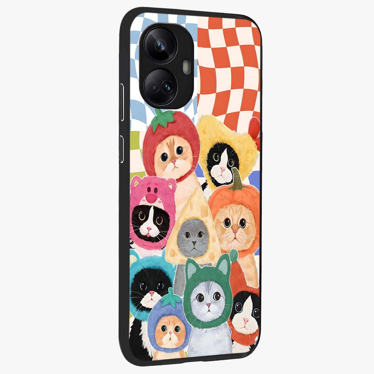 Cats in Fruits Glass Case upright view showcasing charming cat artwork with fun fruity theme.
