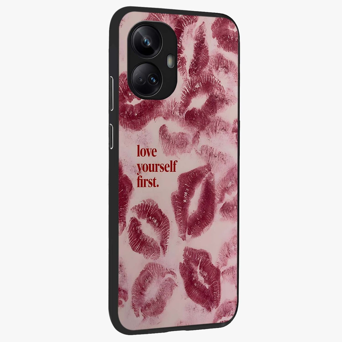 Crimson Kiss Love Glass Case upright view showcasing expressive romantic artwork with deep crimson theme.