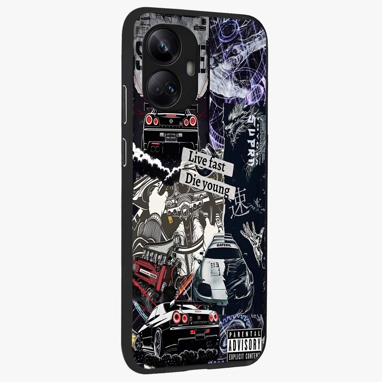 Die Young Glass Case upright view showcasing striking typography artwork with modern statement theme.