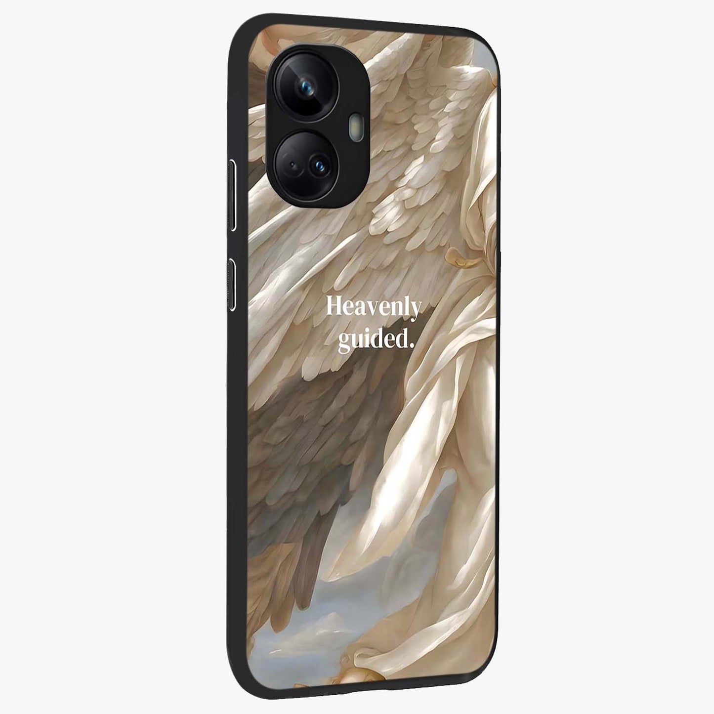 Divine Winged Grace Glass Case upright view showcasing spiritual wing artwork with soft celestial theme.