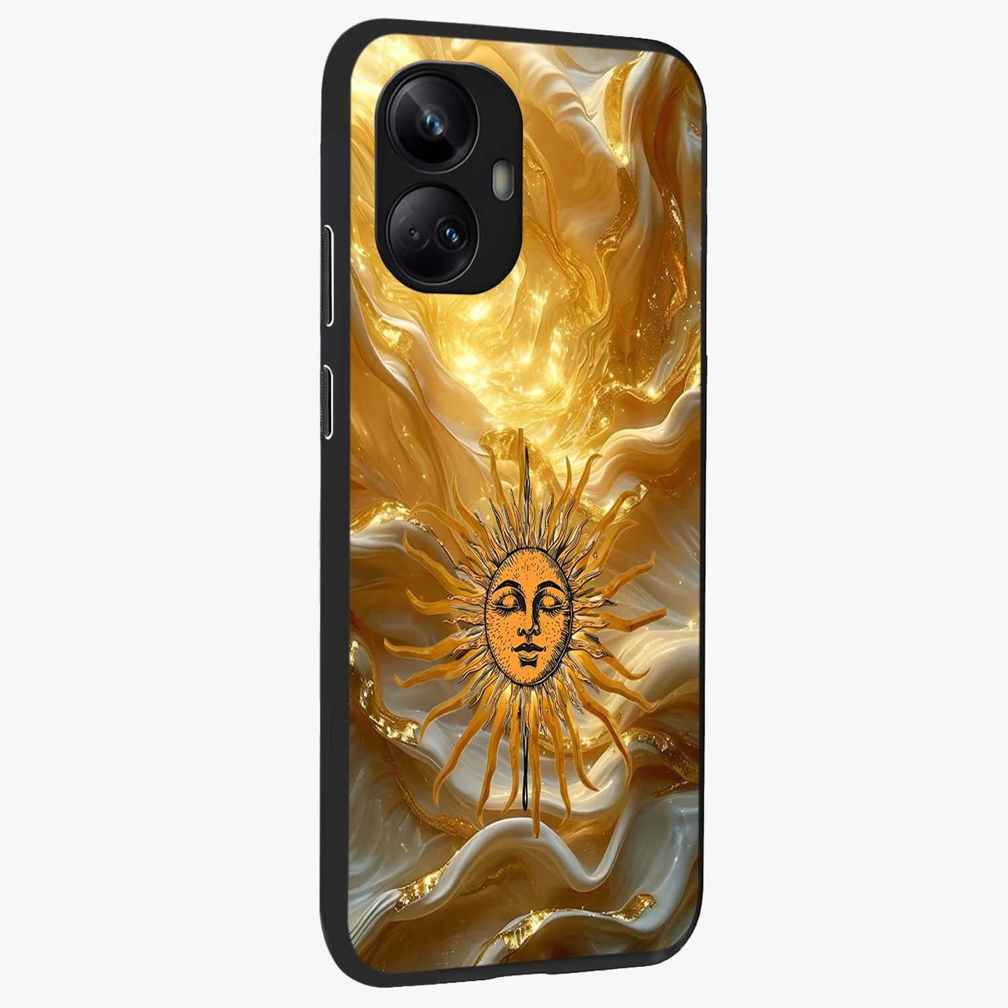 Eternal Golden Glow Glass Case upright view showcasing luminous golden artwork with luxurious visual theme.