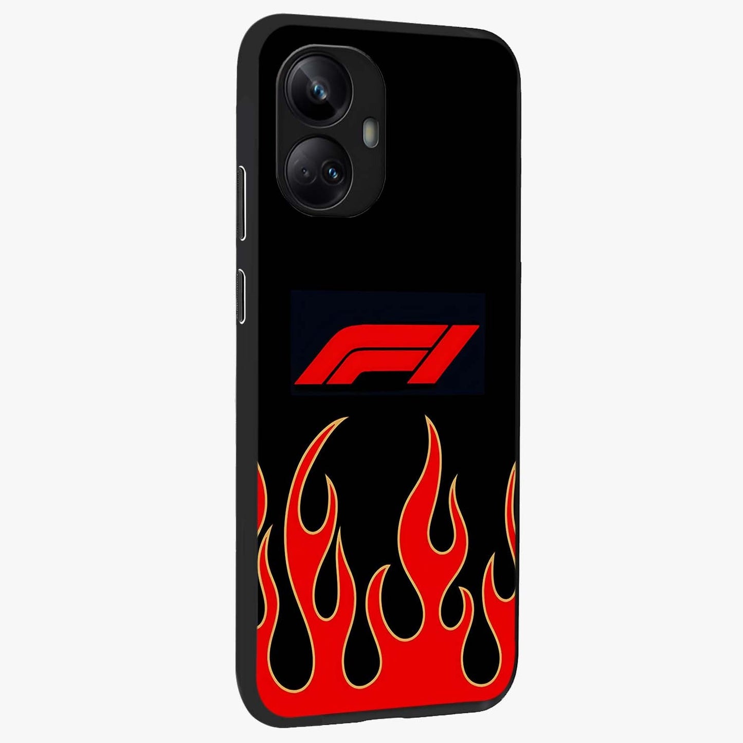 Fire F11 Glass Case upright view showcasing dynamic flame artwork with intense visual theme.