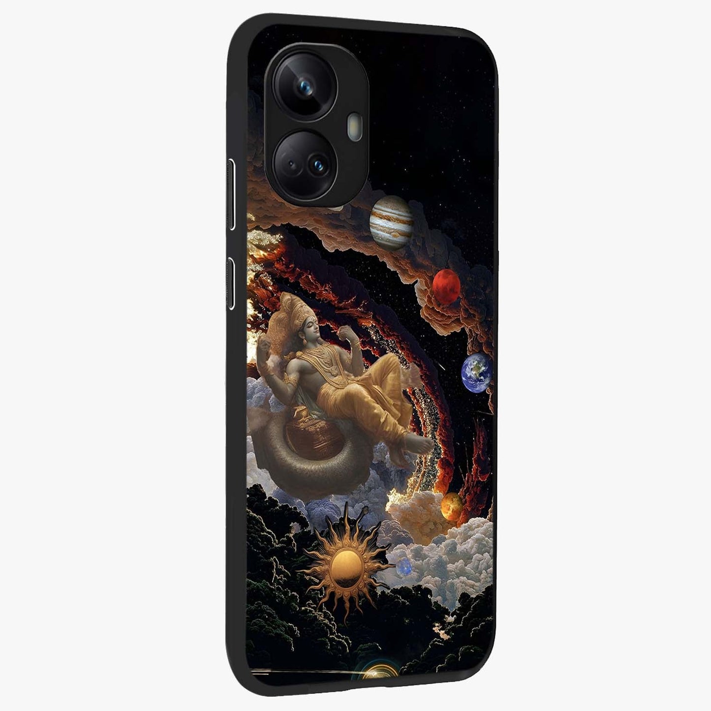 Galactic Divine God Glass Case upright view showcasing mystical divine artwork with dramatic cosmic theme.