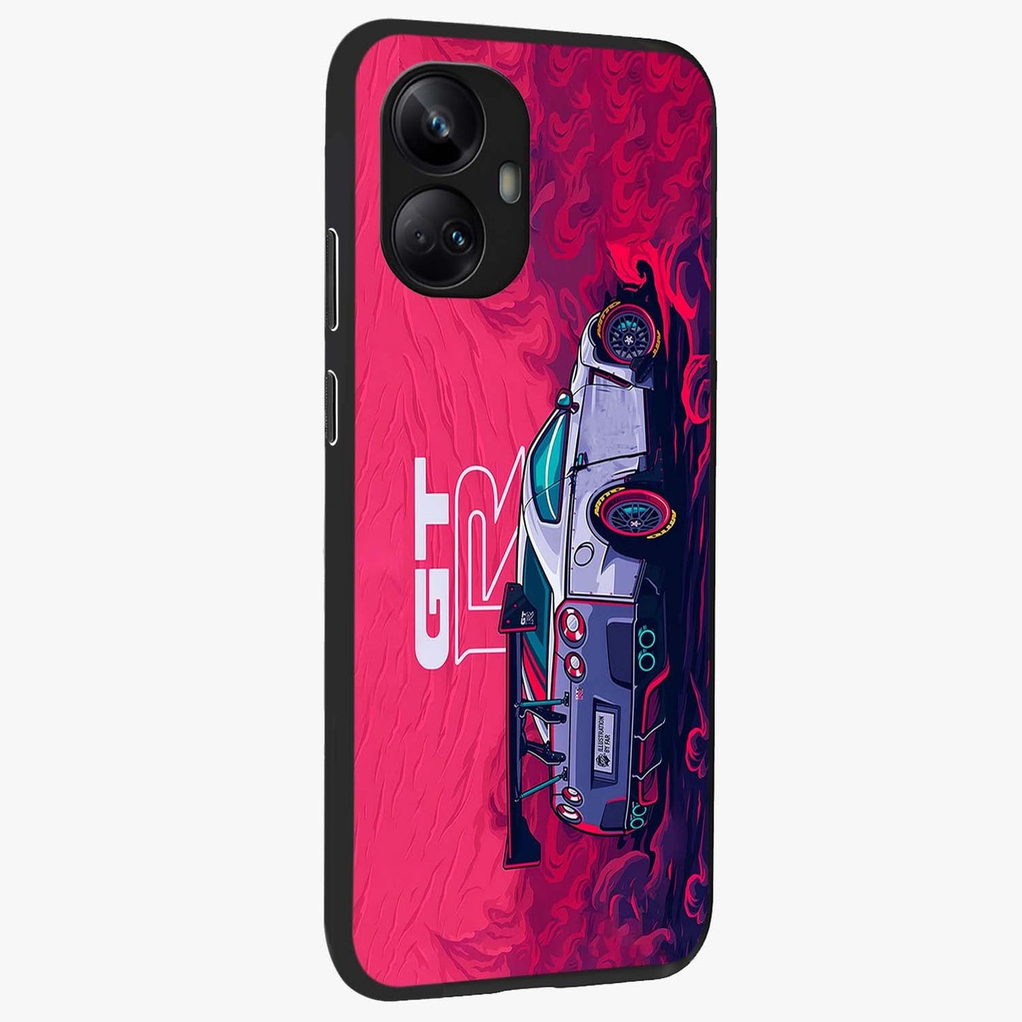 GT-R Car Pattern Glass Case upright view showcasing dynamic car pattern artwork with modern sports theme.