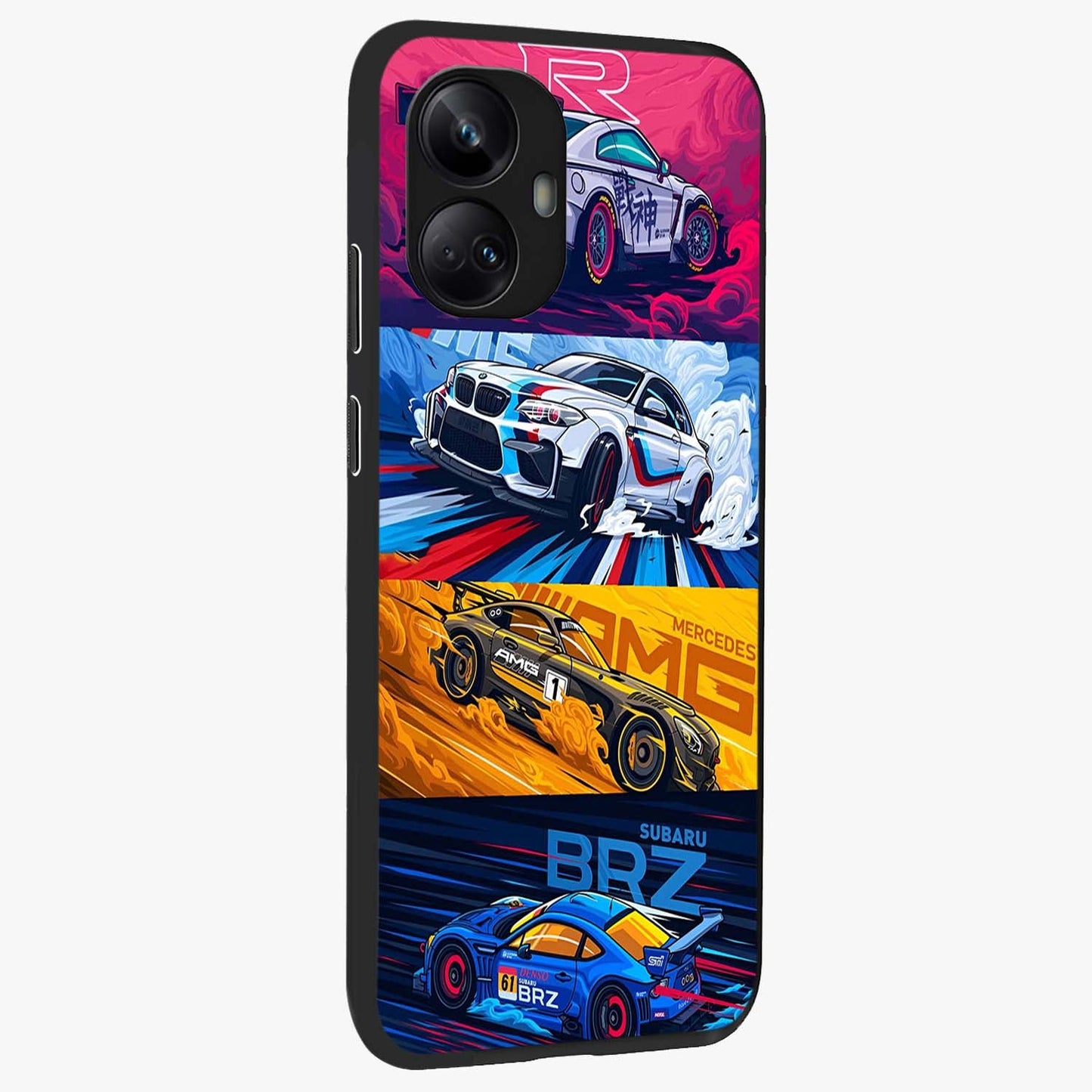 JDM Sports Car Glass Case upright view showcasing dynamic sports car artwork with bold racing theme.