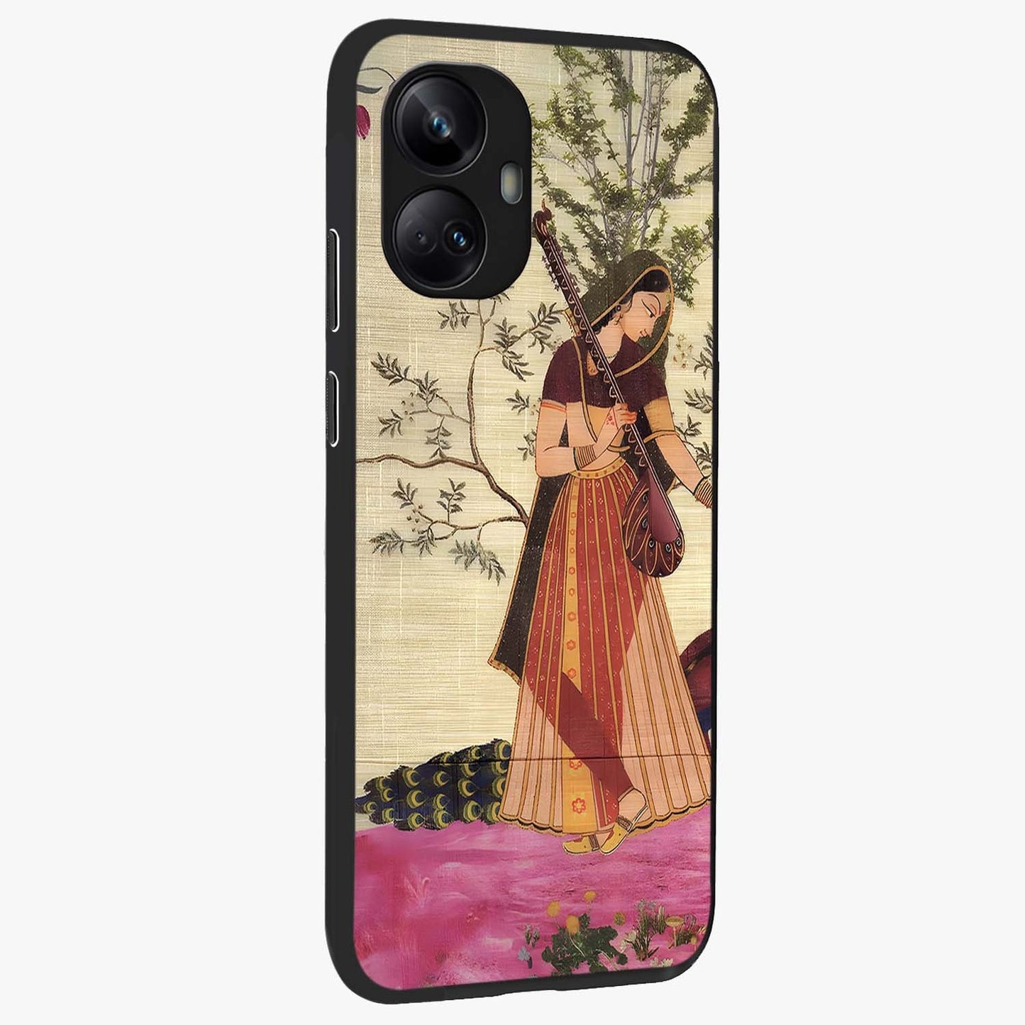 Lady With Veena Art Glass Case upright view showcasing classical veena artwork with traditional artistic theme.
