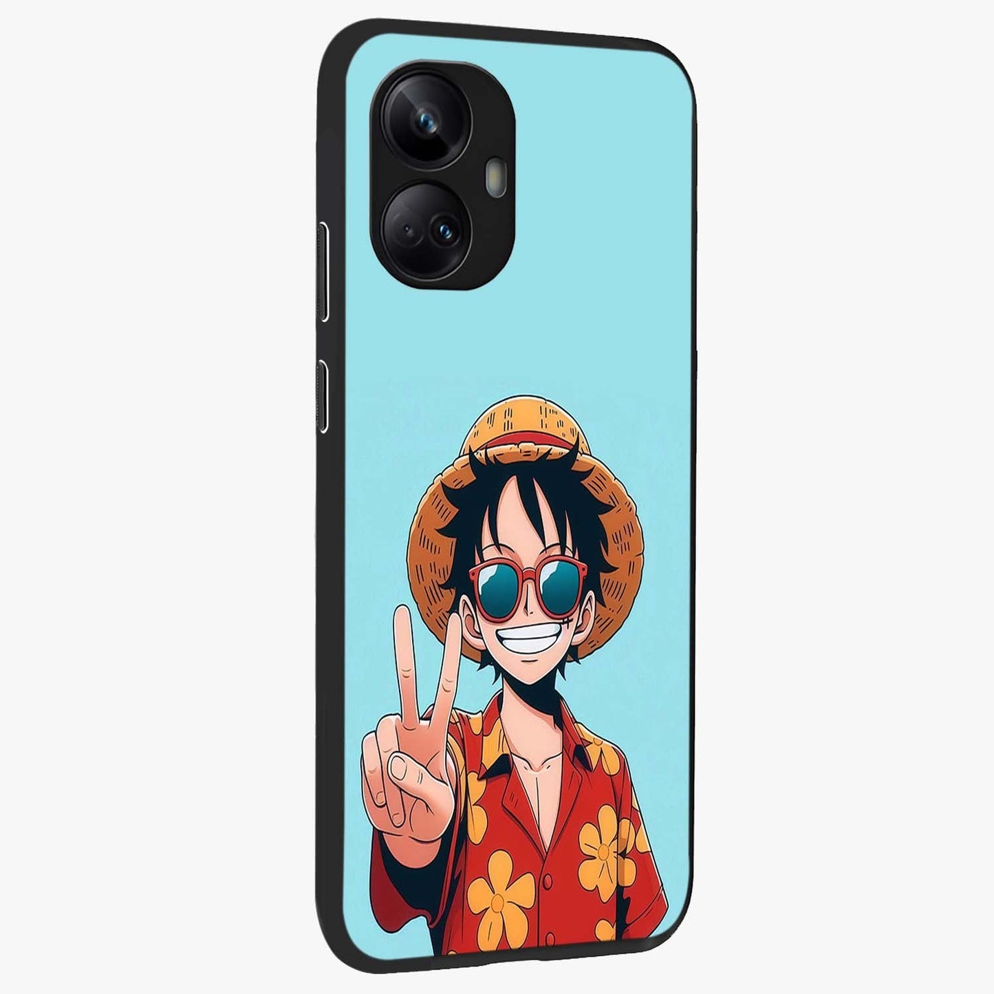 Luffy Summer Anime Vibe Glass Case upright view showcasing dynamic anime artwork with bright adventurous theme.