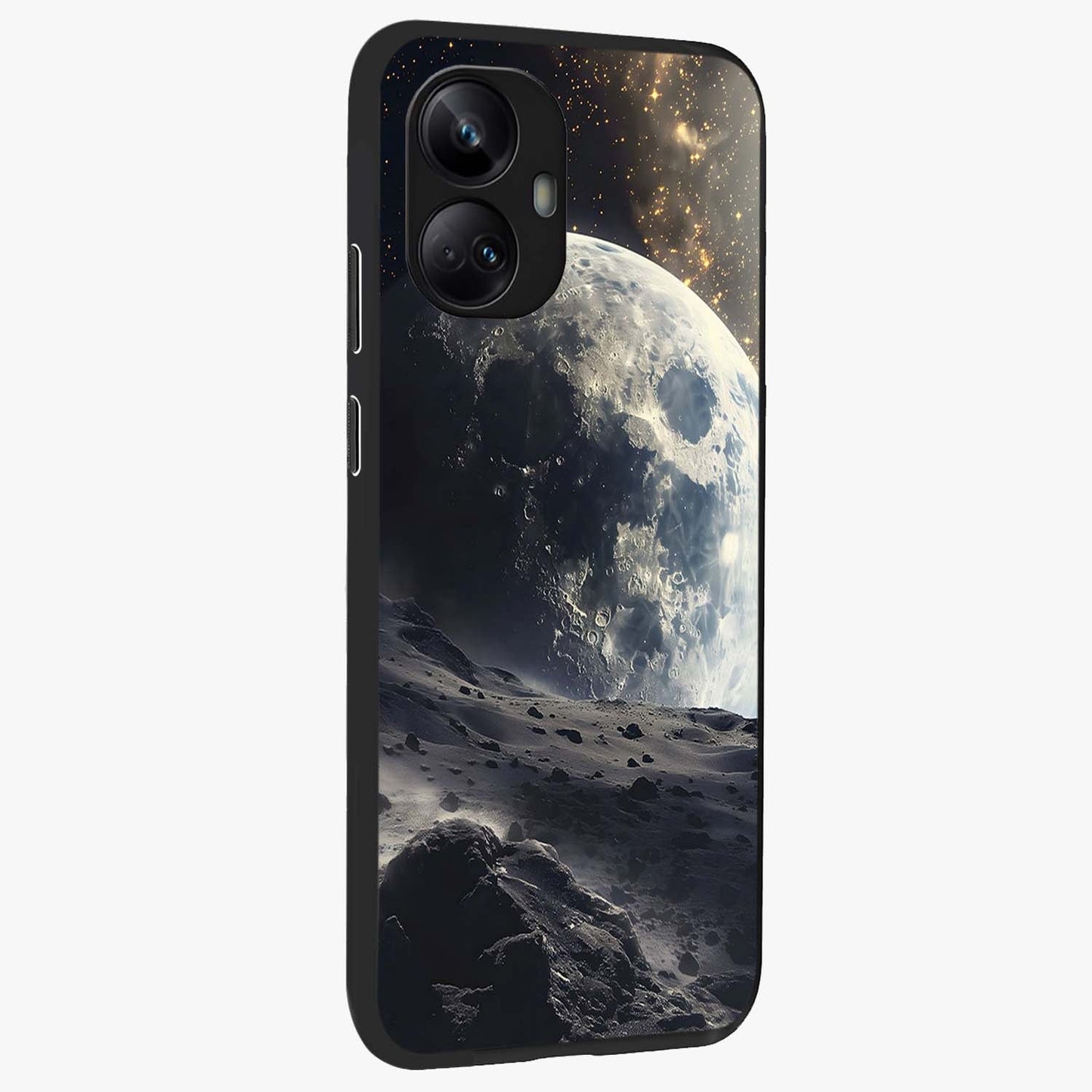 Lunar Horizon Glow Glass Case upright view showcasing radiant lunar artwork with calm cosmic theme.
