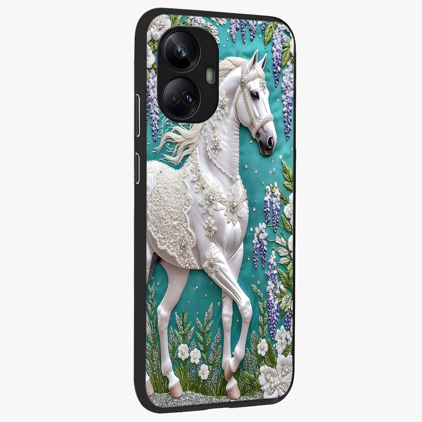 Majestic Floral Stallion Glass Case upright view showcasing dramatic horse artwork with decorative floral theme.