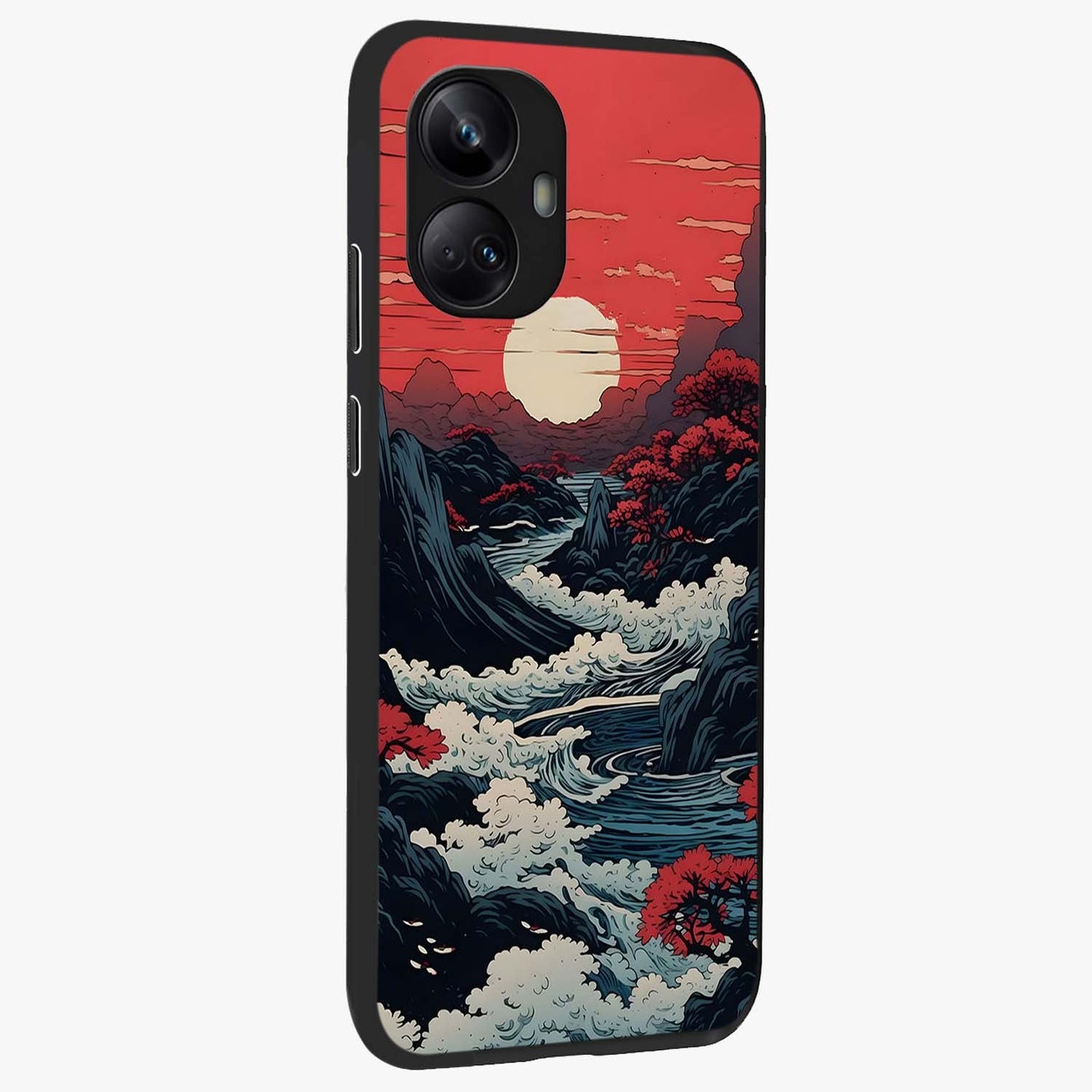 Red Sunset Scenery Glass Case upright view showcasing dramatic sunset scenery artwork with warm nature theme.