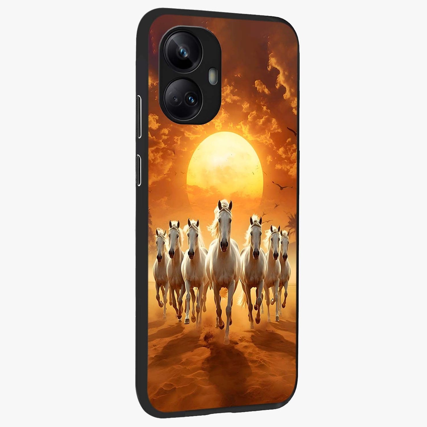 Wild Sunset Majesty Glass Case upright view showcasing dramatic sunset artwork with bold nature theme.