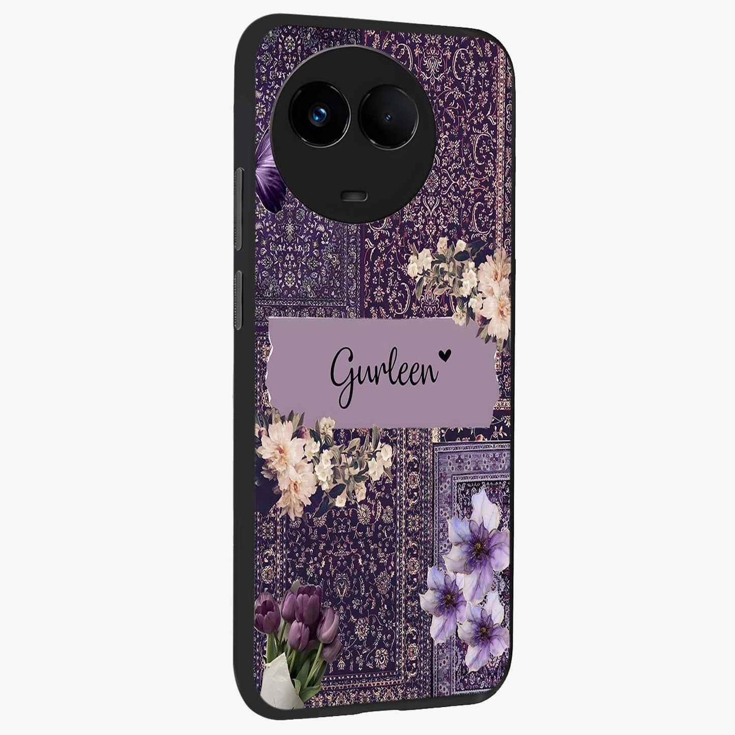 Antique Floral Whisper Custom Name Glass Case upright view showcasing delicate floral artwork with custom name feature.