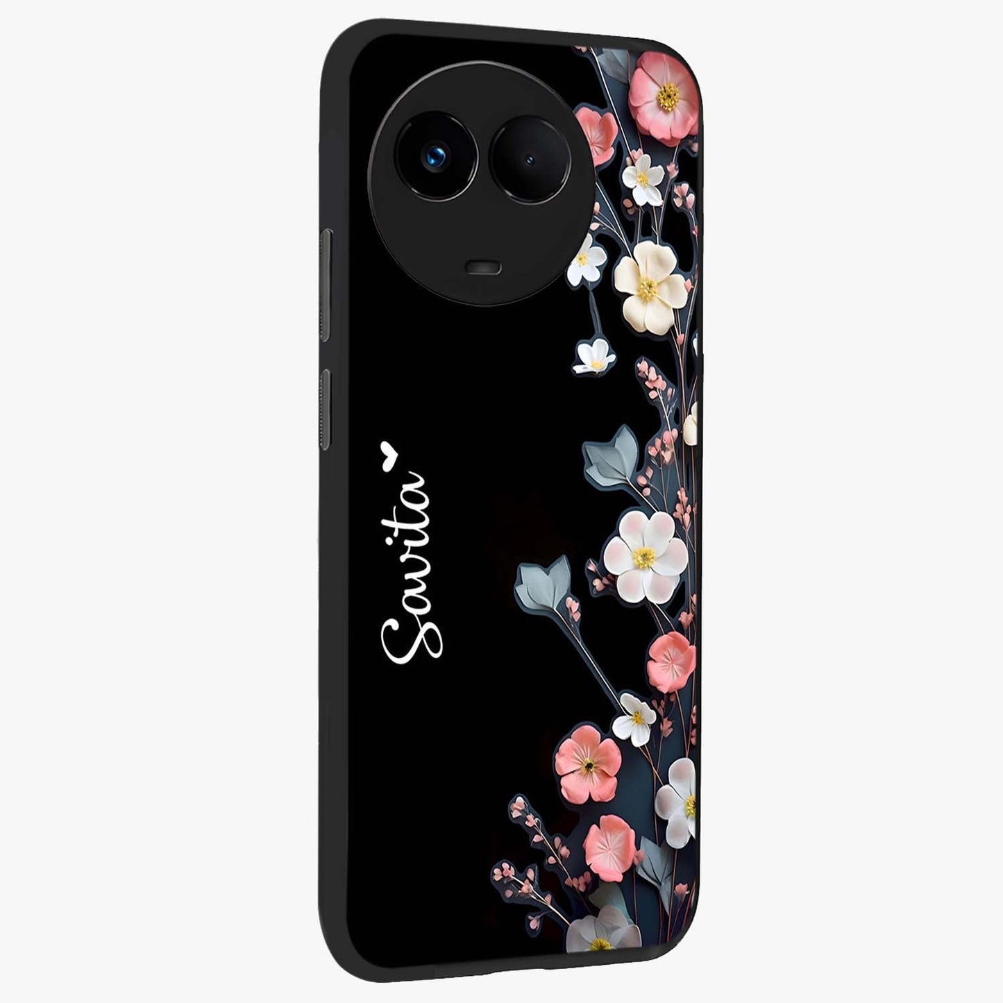 Black Elegance Floral Custom Name Glass Case upright view showcasing luxurious black floral design with personalized name detail.