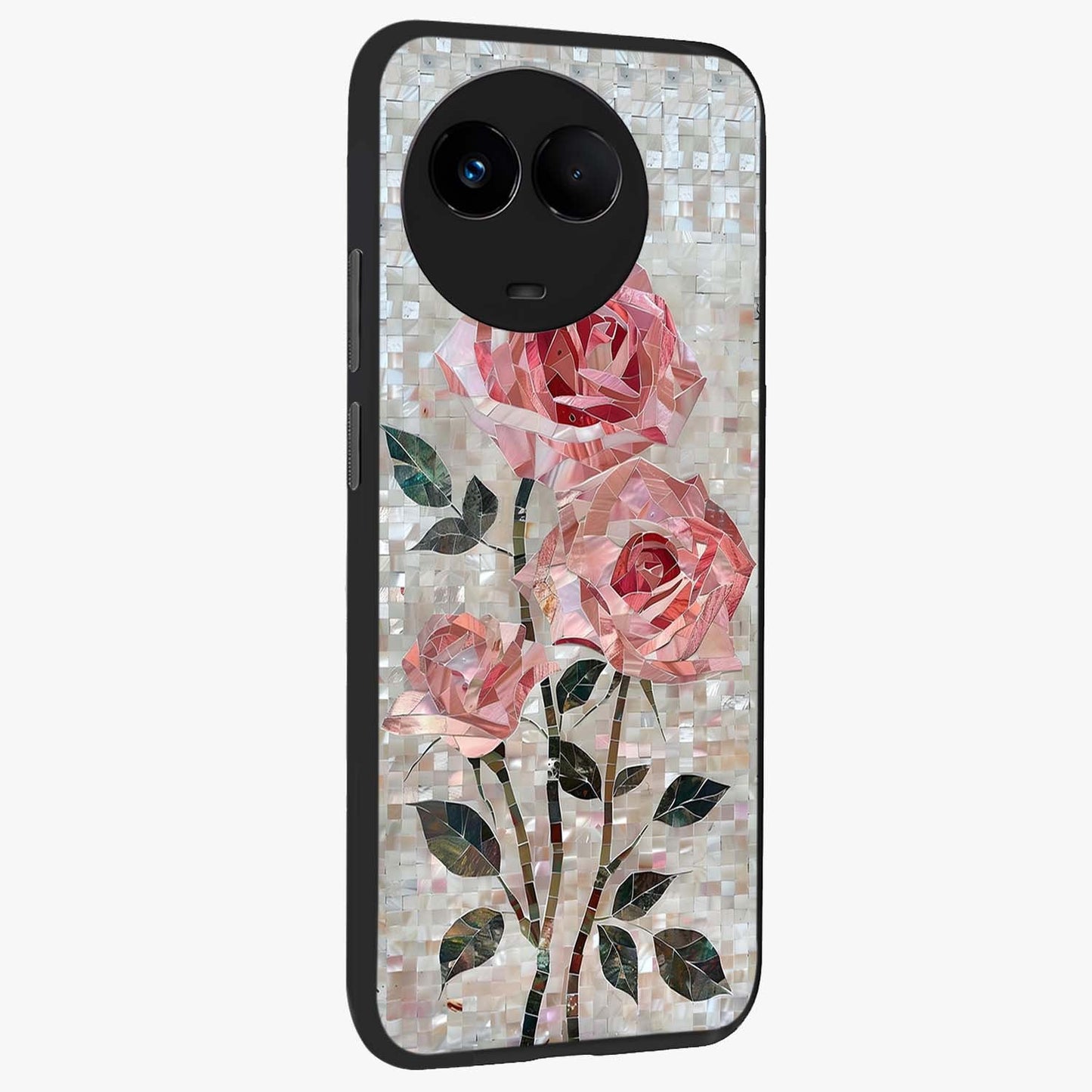 Blush Mosaic Bloom Glass Case upright view showcasing decorative floral mosaic artwork with stylish modern aesthetic.