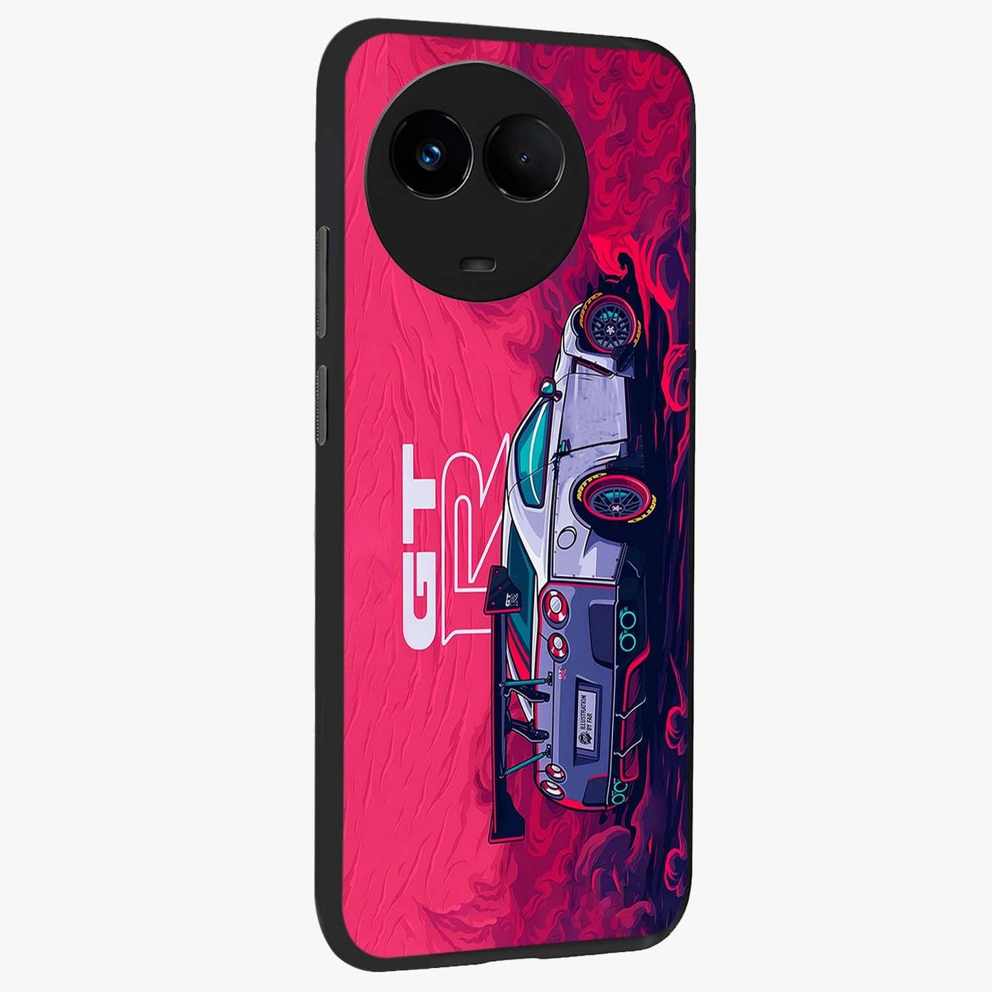 GT-R Car Pattern Glass Case upright view showcasing dynamic car pattern artwork with modern sports theme.
