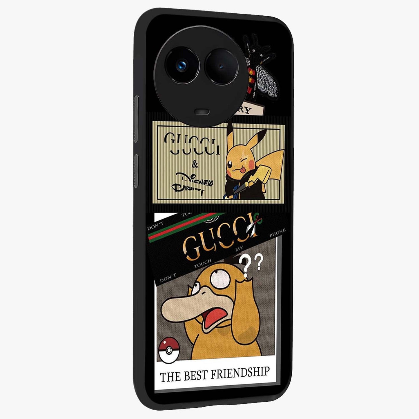 Gucci Play Mashup Glass Case upright view showcasing trendy luxury inspired artwork with modern fashion theme.