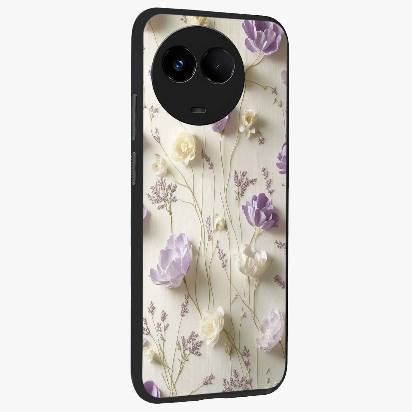 Lilac Breeze Harmony Glass Case upright view showcasing delicate lilac artwork with peaceful floral theme.