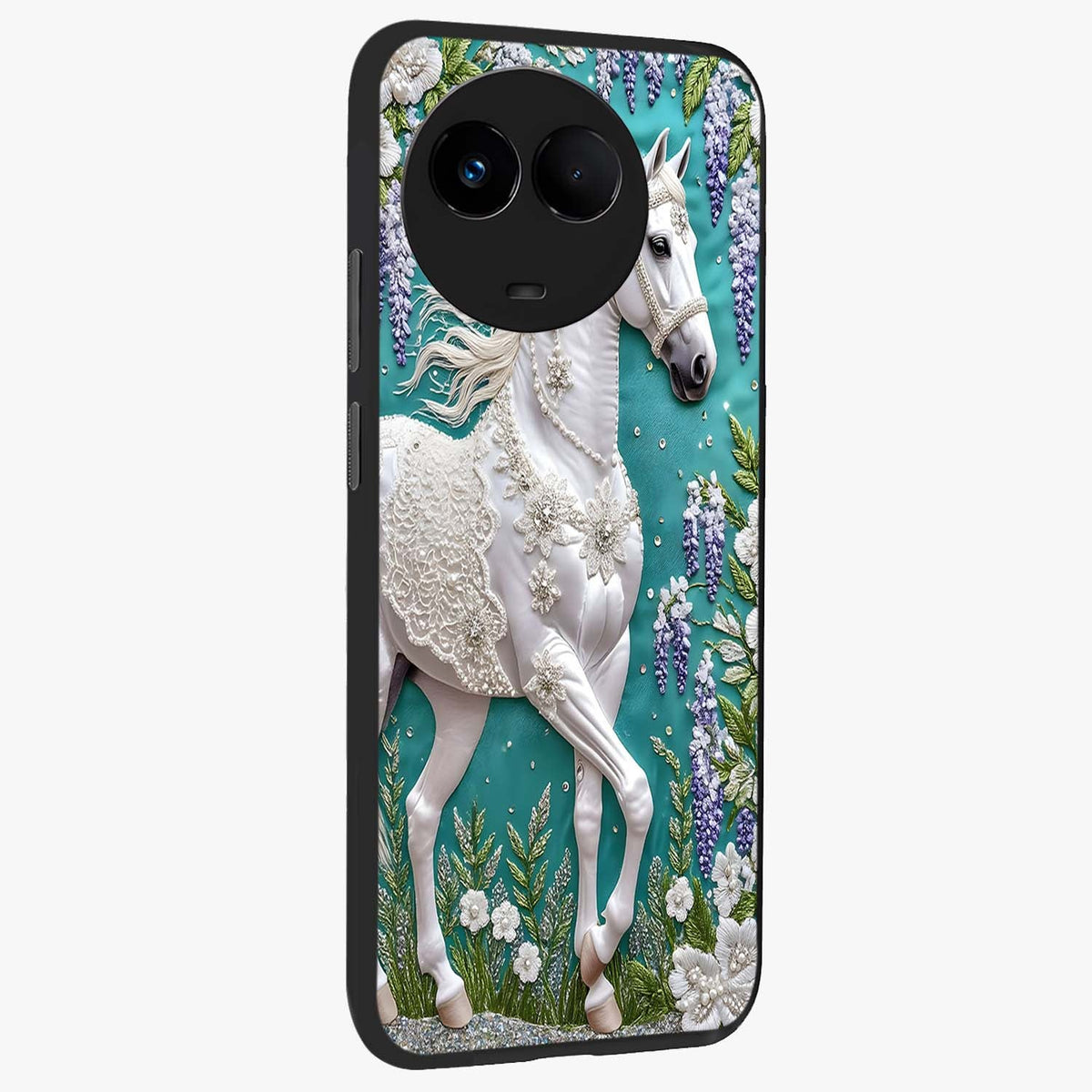 Majestic Floral Stallion Glass Case upright view showcasing dramatic horse artwork with decorative floral theme.