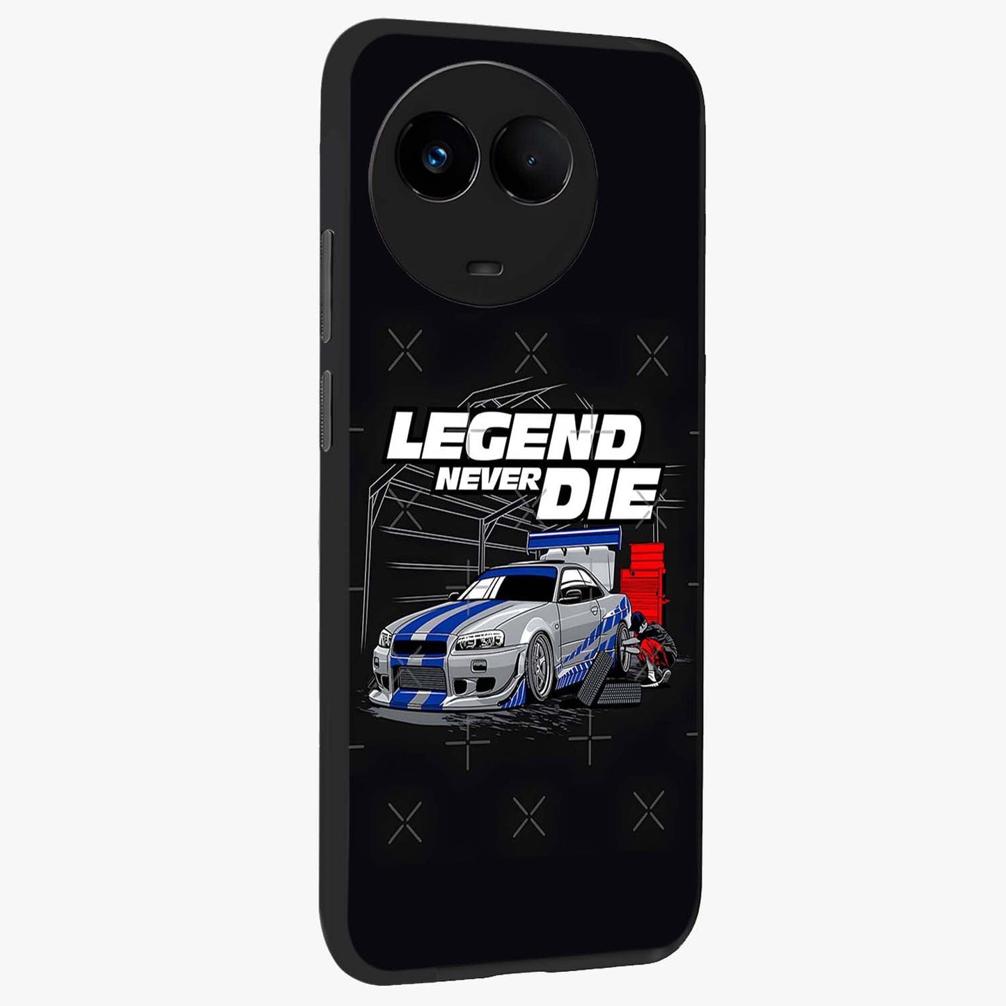 Midnight Racing Legacy Glass Case upright view showcasing powerful racing artwork with modern sports theme.