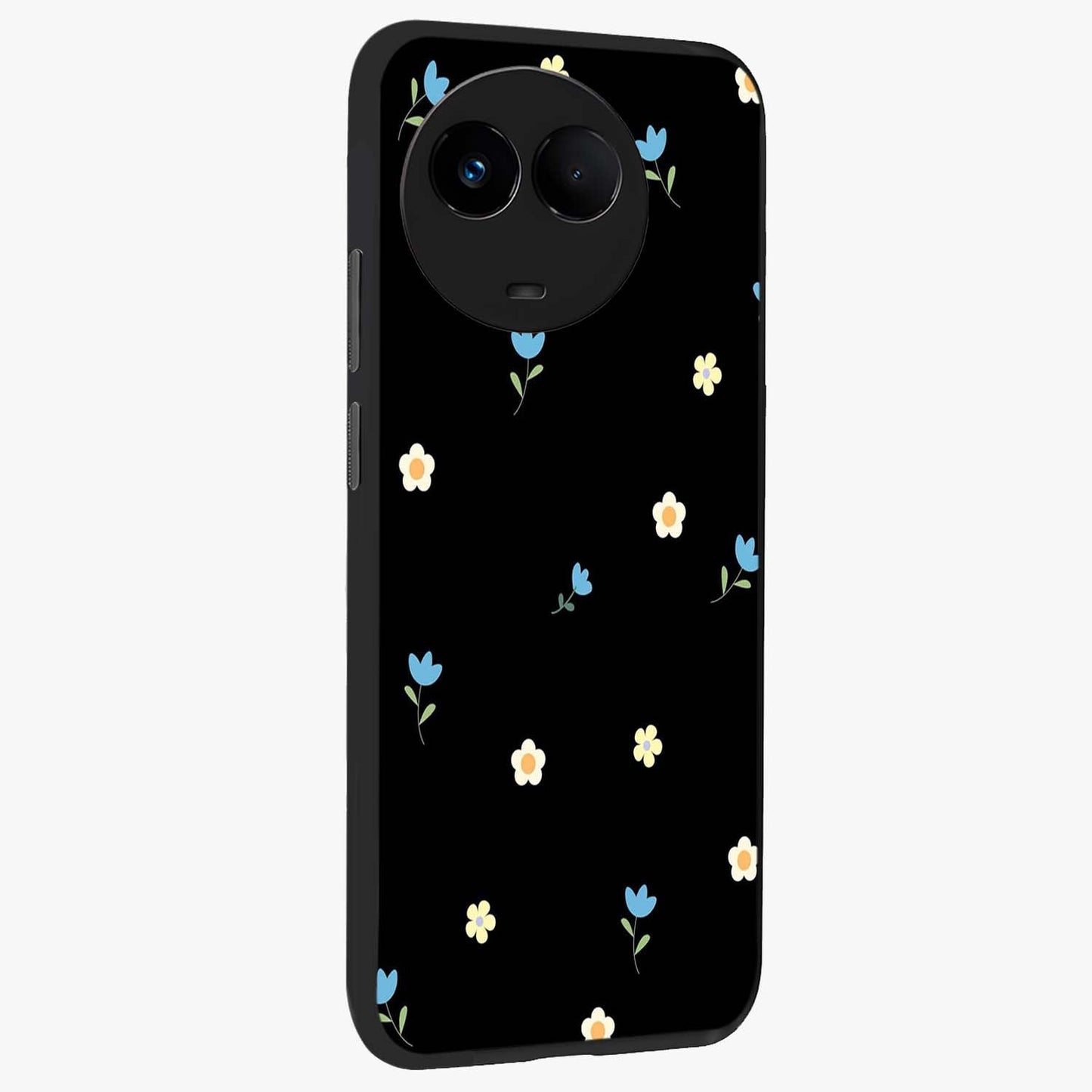 Minimal Petal Whispers Glass Case upright view showcasing elegant floral artwork with modern minimalist style.