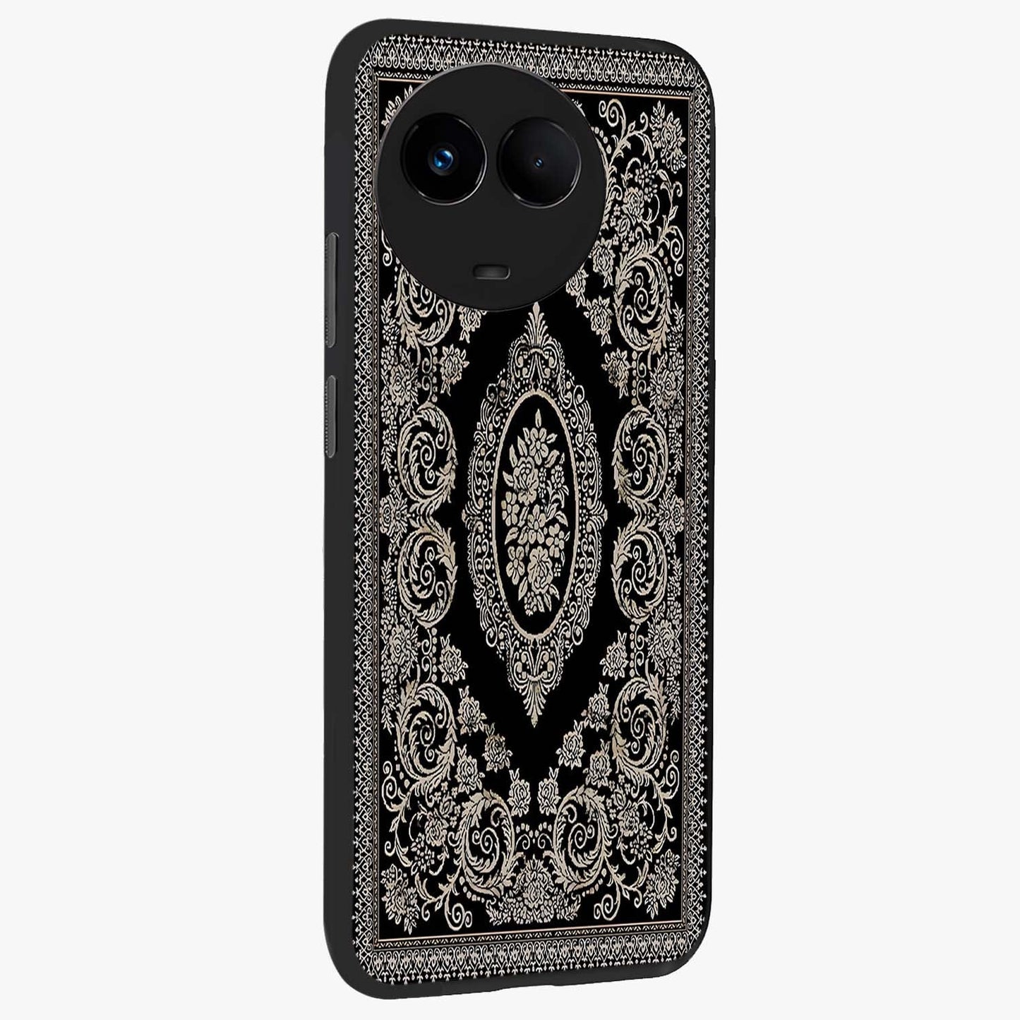 Noir Bloom Elegance Glass Case upright view showcasing graceful floral artwork with luxurious dark theme.