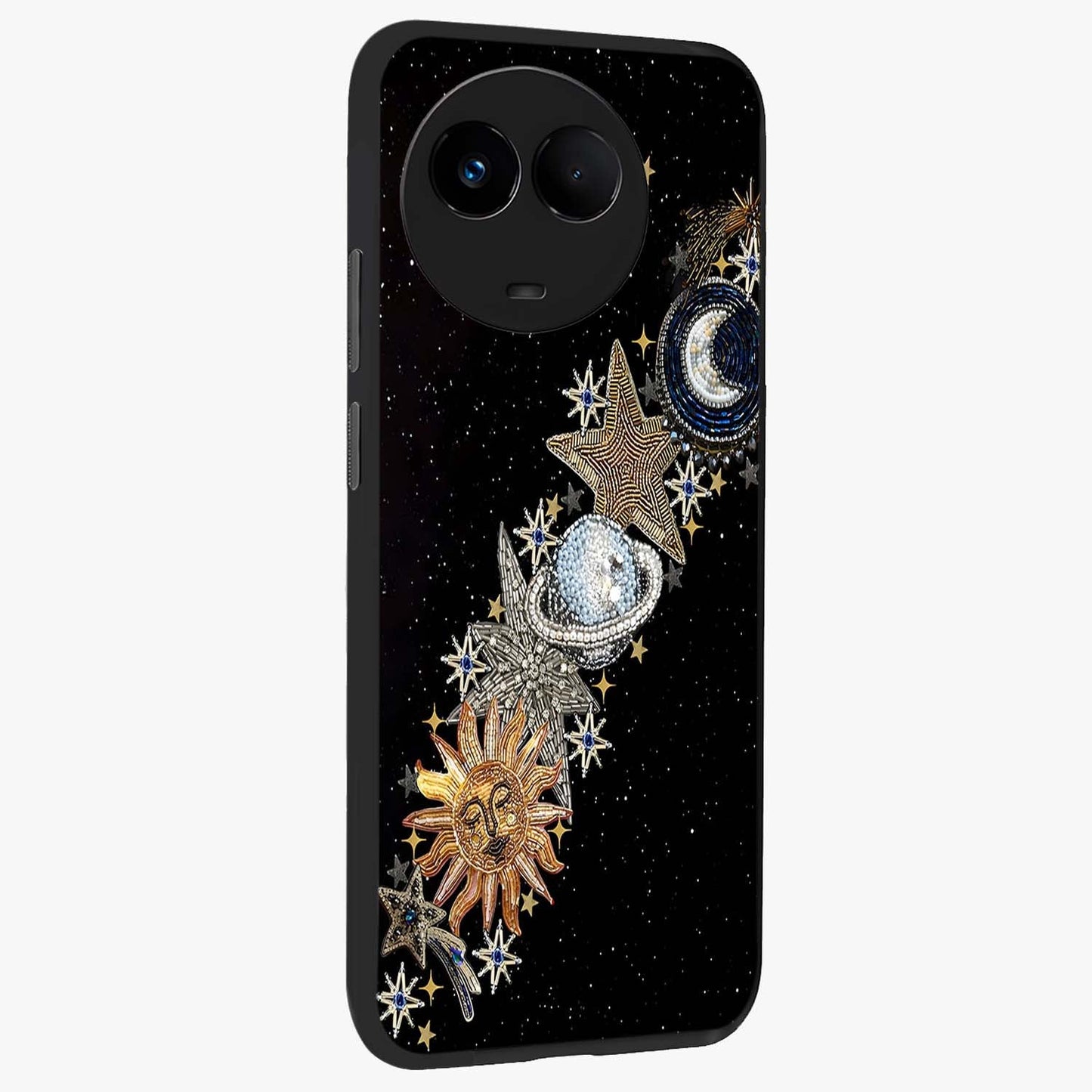 Pearls Universe Object Glass Case upright view showcasing decorative pearl themed artwork with cosmic elegance.