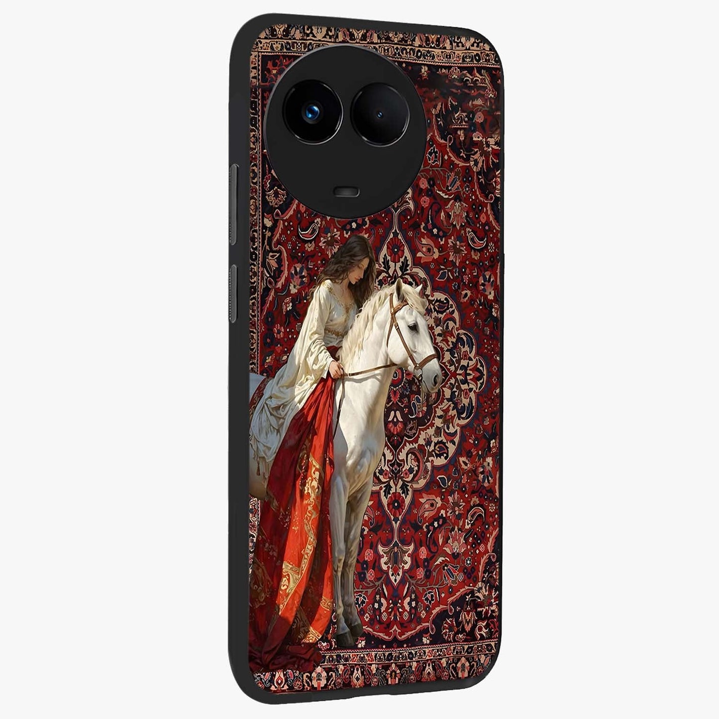 Royal Rider Tapestry Glass Case upright view showcasing detailed rider artwork with classic tapestry theme.