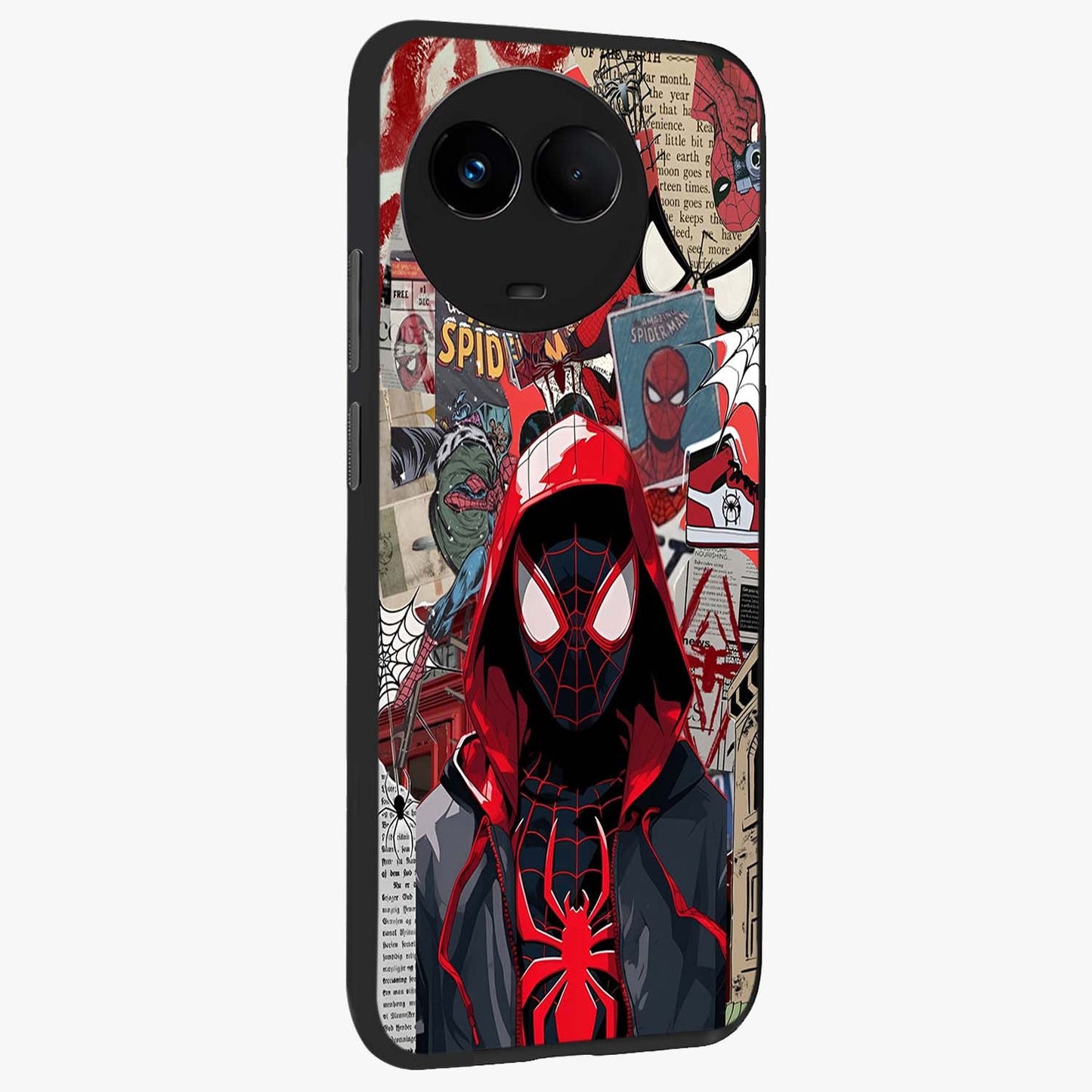 Spider Collage Street Glass Case upright view showcasing bold superhero artwork with urban street theme.
