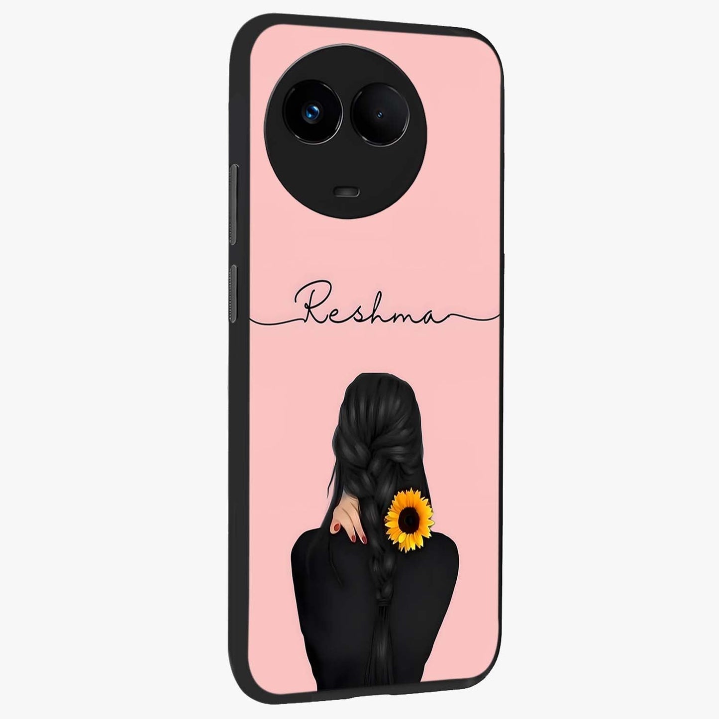 Sunflower Braid Beauty With Custom Name Glass Case upright view showcasing bright sunflower artwork with personalized floral aesthetic.