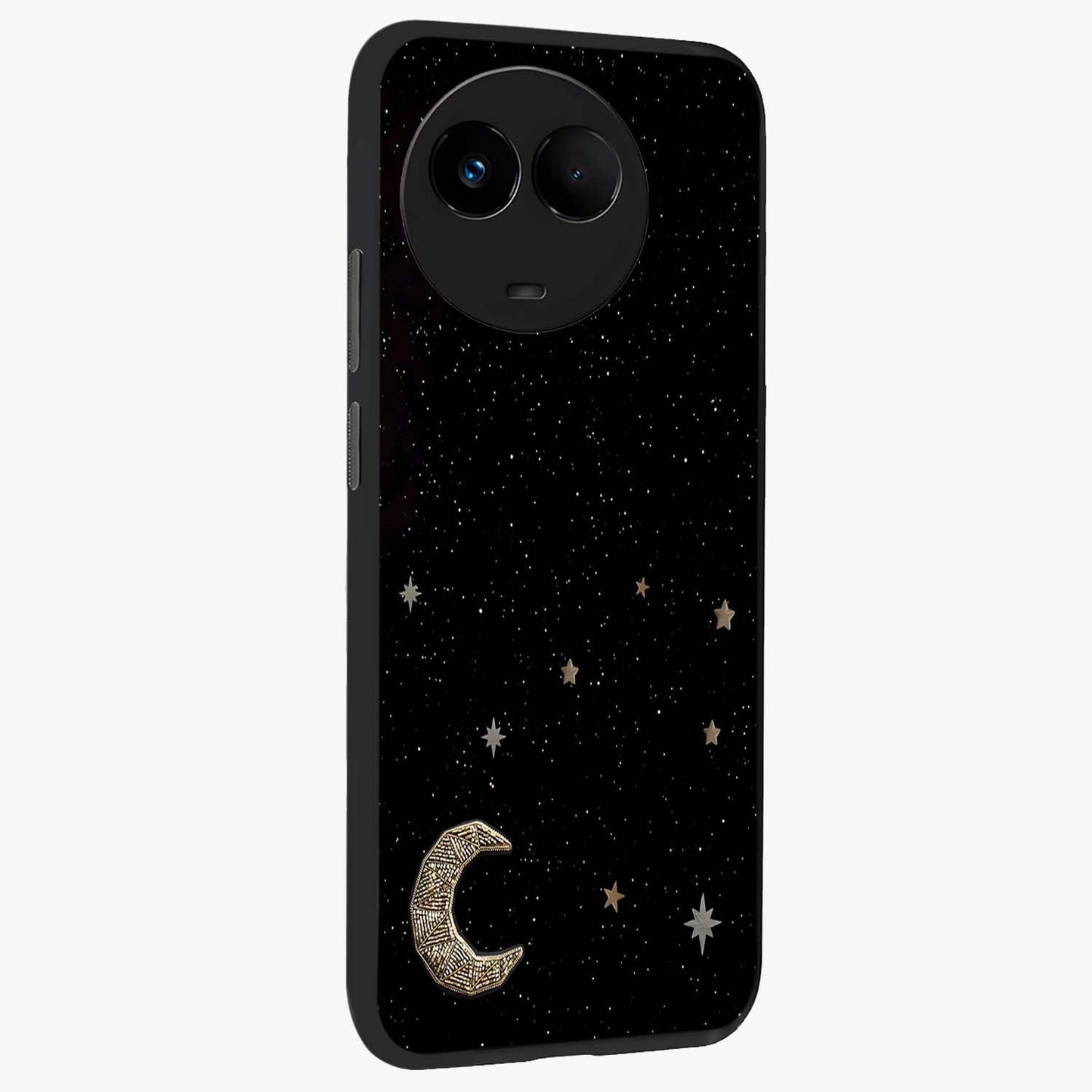 Twinkle Star With Half Moon Glass Case upright view showcasing glowing cosmic artwork with dreamy night theme.