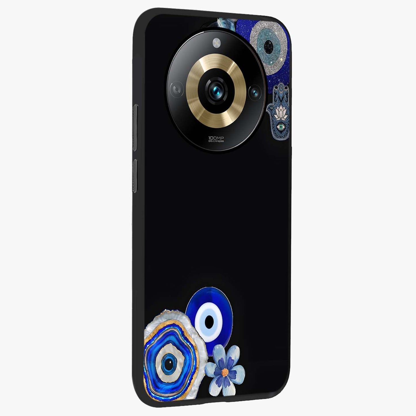 Aesthetic Blue Evil Eye Glass Case upright view showcasing mystical evil eye graphic with minimal aesthetic style.