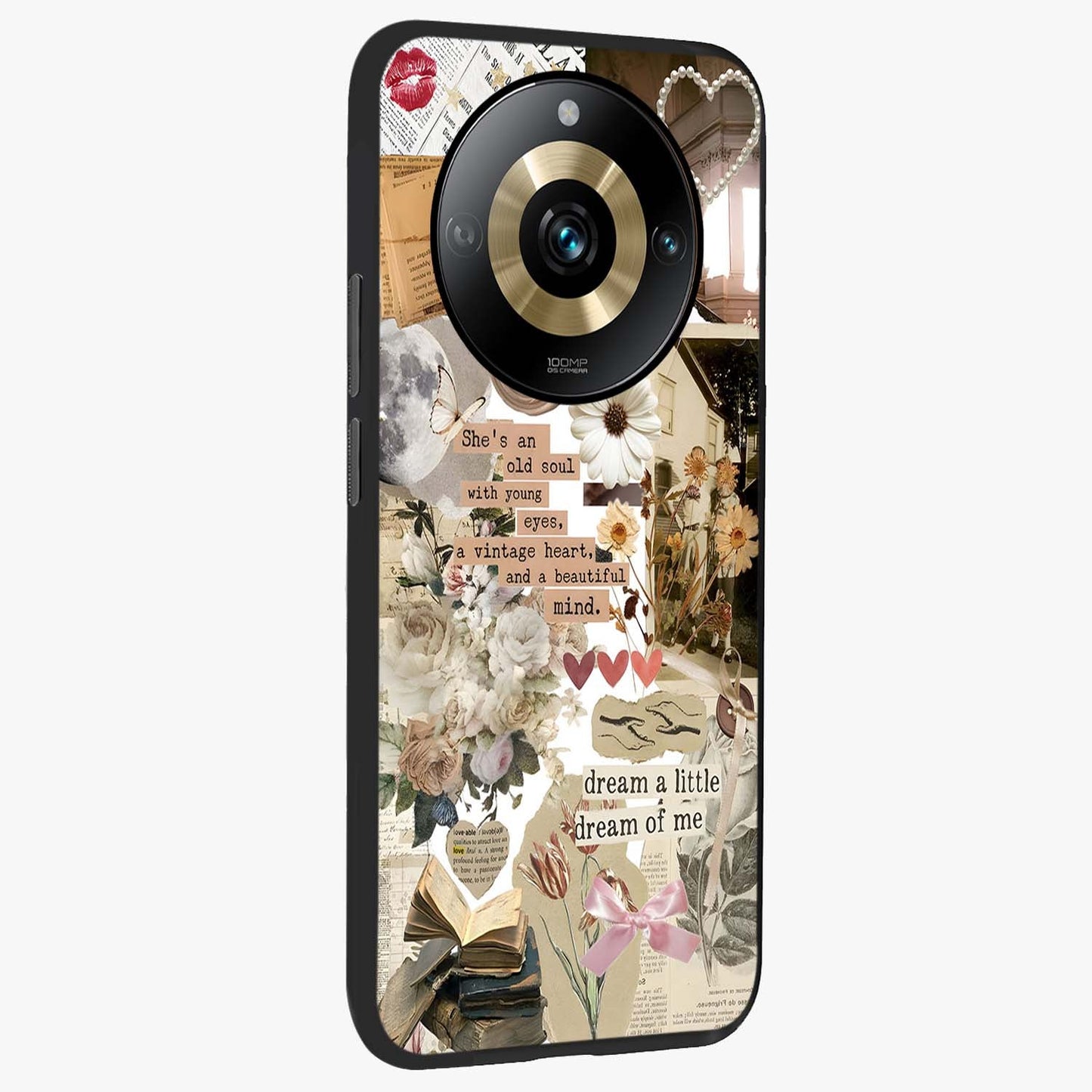 Aesthetic Brown Vintage Collage Glass Case upright view showcasing nostalgic retro artwork with stylish vintage theme.