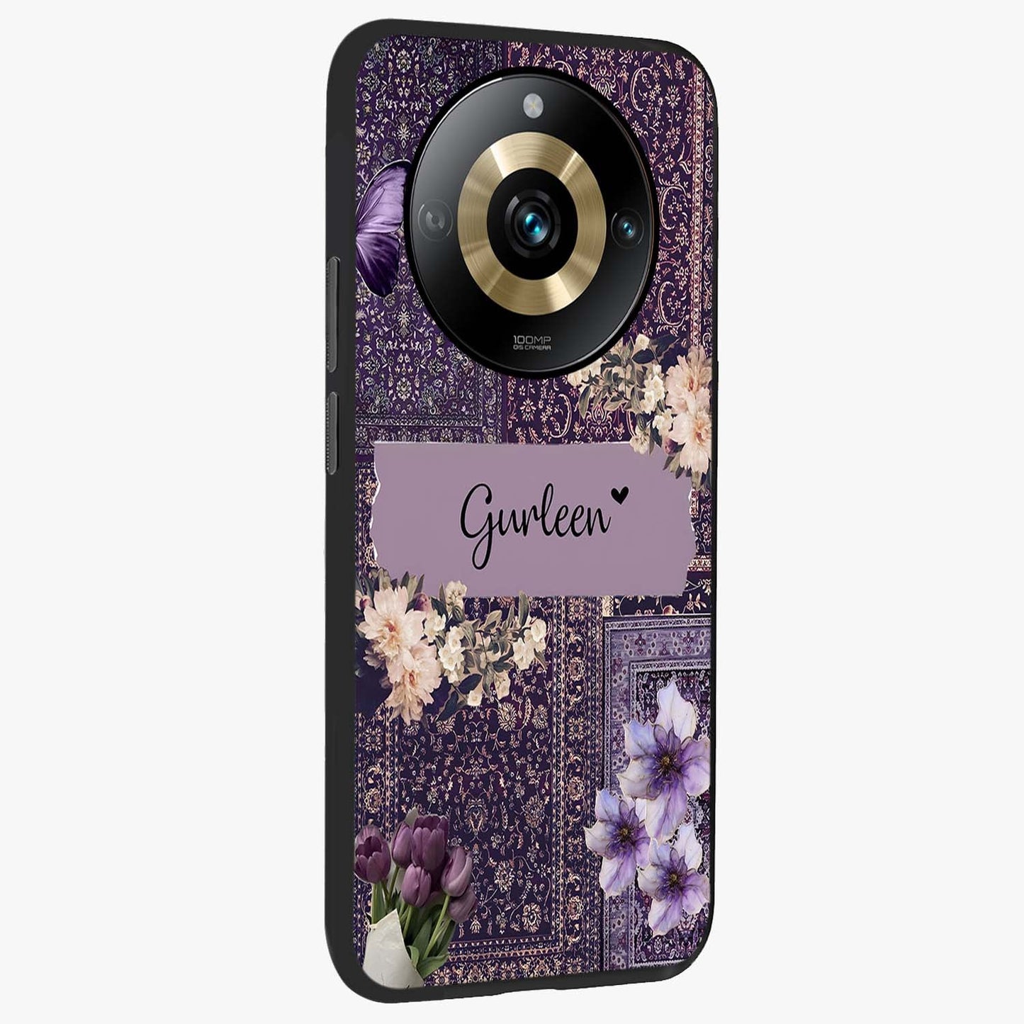 Antique Floral Whisper Custom Name Glass Case upright view showcasing delicate floral artwork with custom name feature.